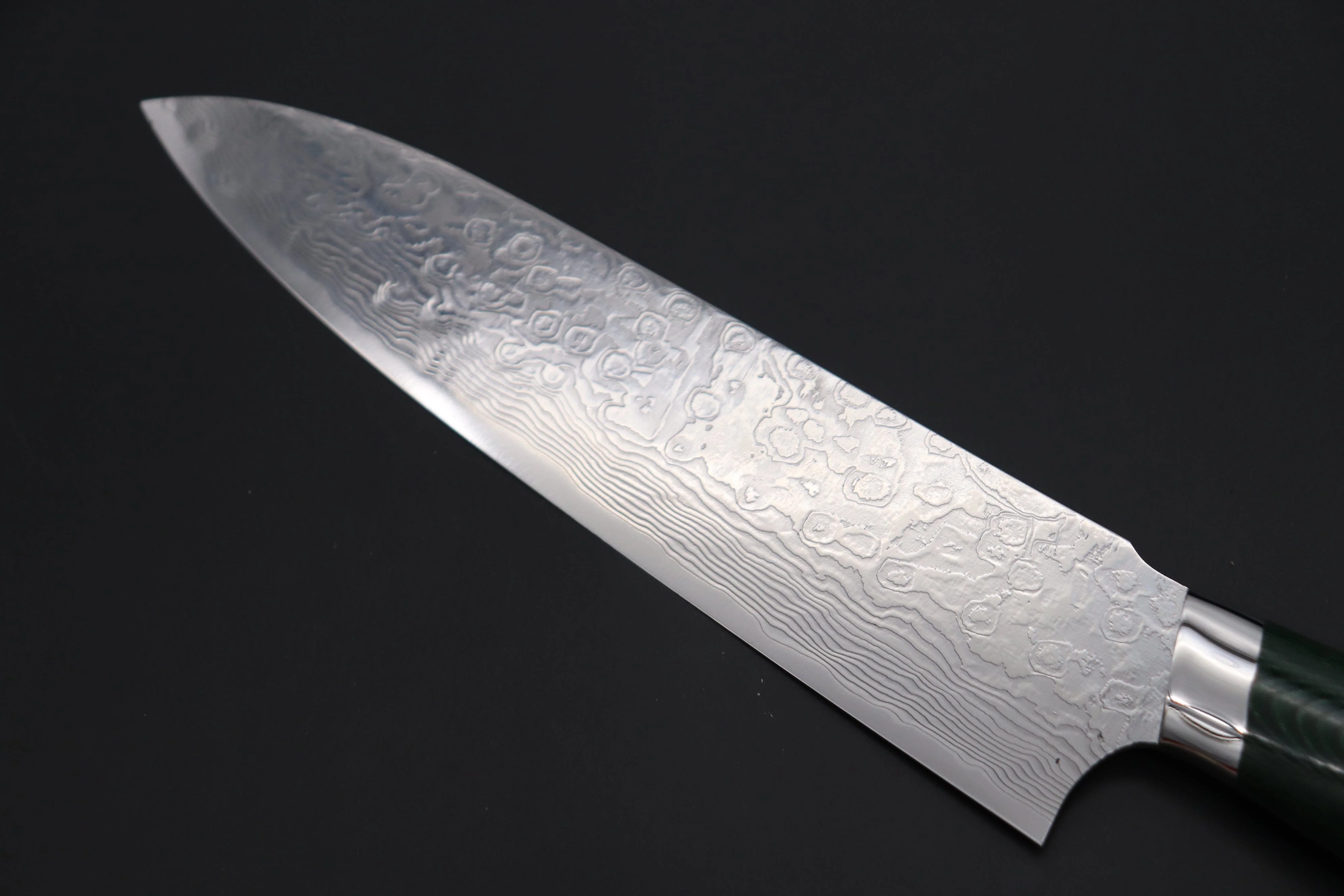 Takeshi Saji R-2 Diamond Damascus Gyuto — Upswept Design (210mm and 240mm, Green/Black Linen Micarta Handle) - Image 6