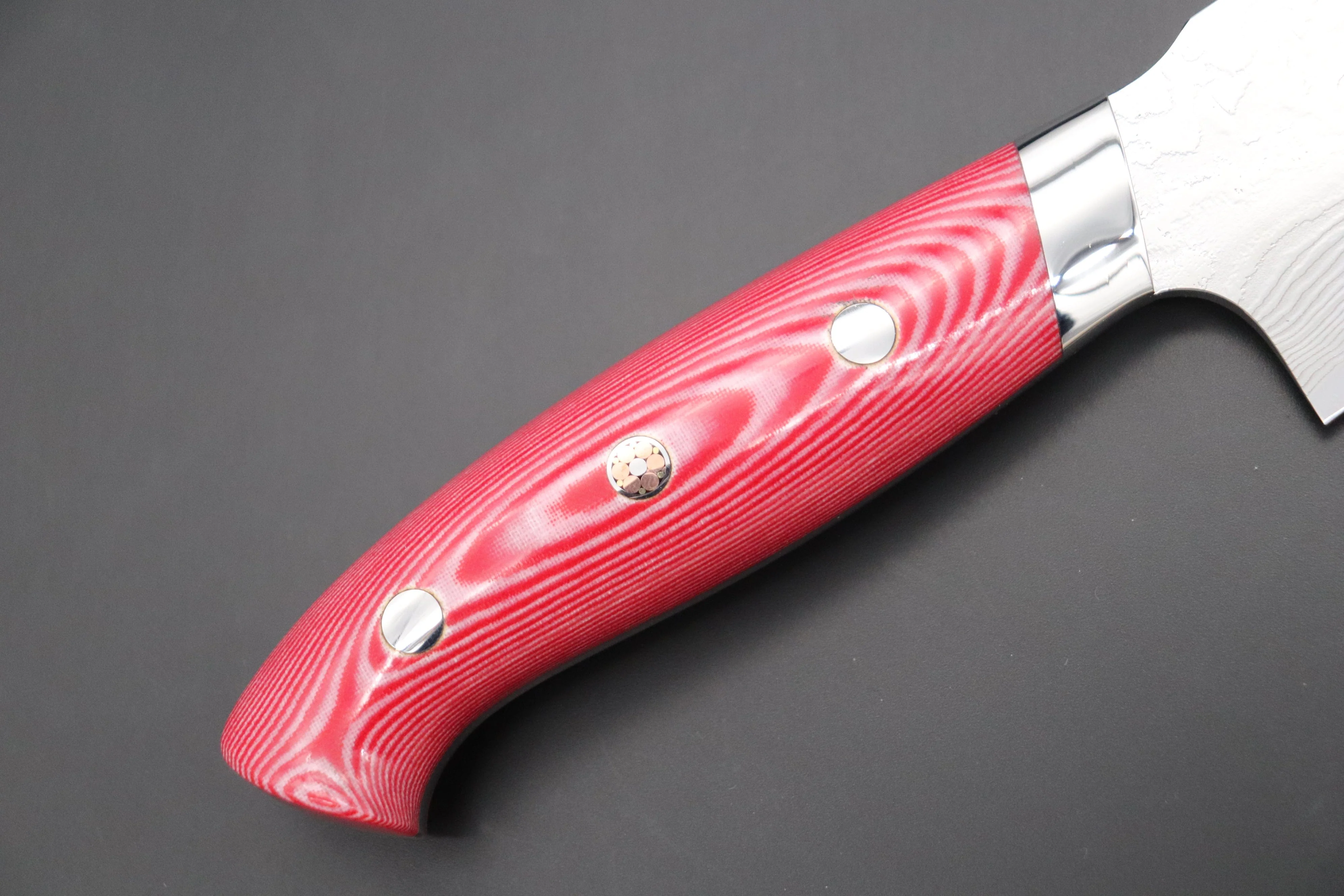 Takeshi Saji R-2 Diamond Damascus Gyuto — Upswept Design  (210mm and 240mm, Red/White Linen Micarta Handle) - Image 3