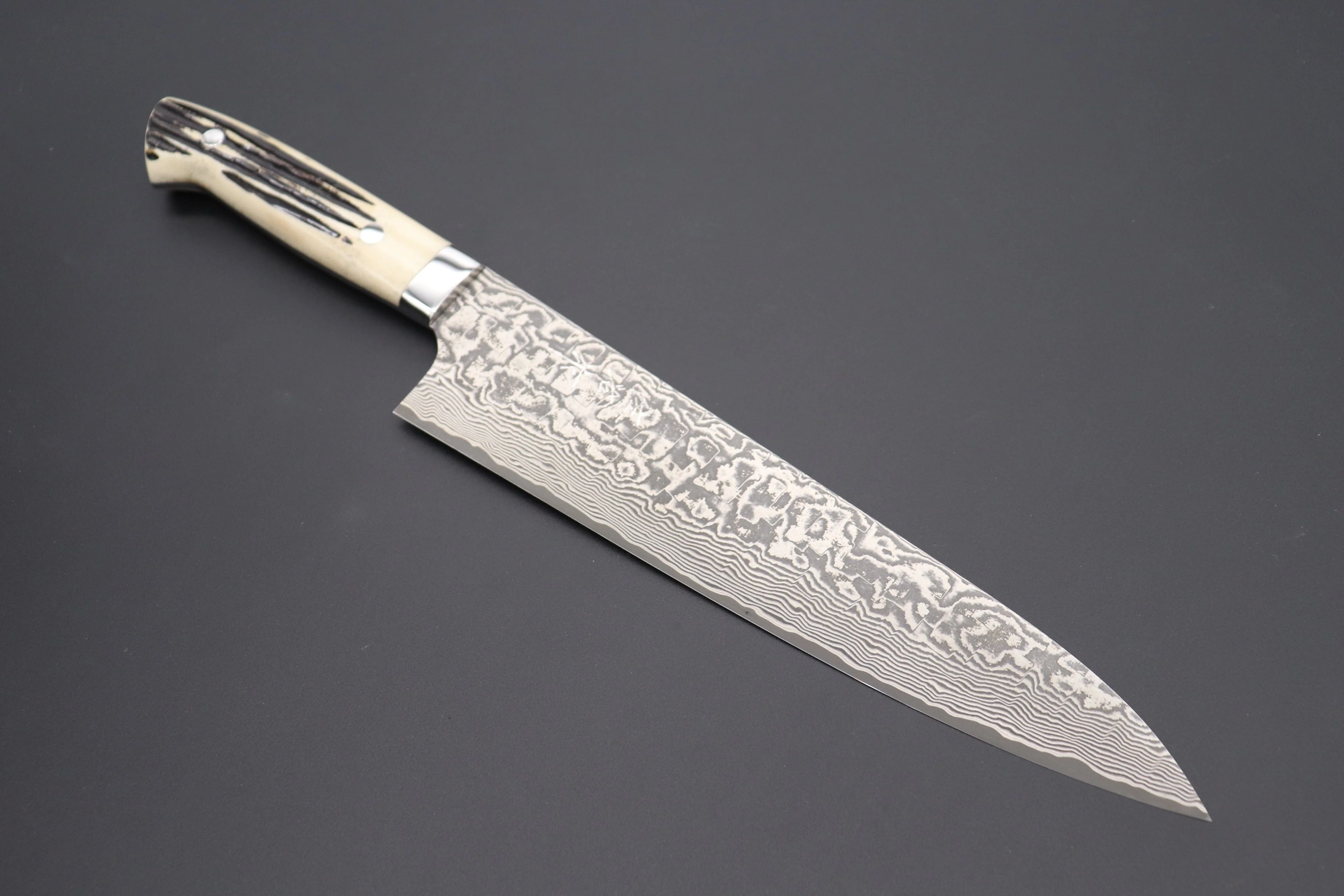 Takeshi Saji R-2 Custom Black Damascus Wild Series Gyuto (180mm to 270mm, 4 sizes, Stag Bone Handle) - Image 10