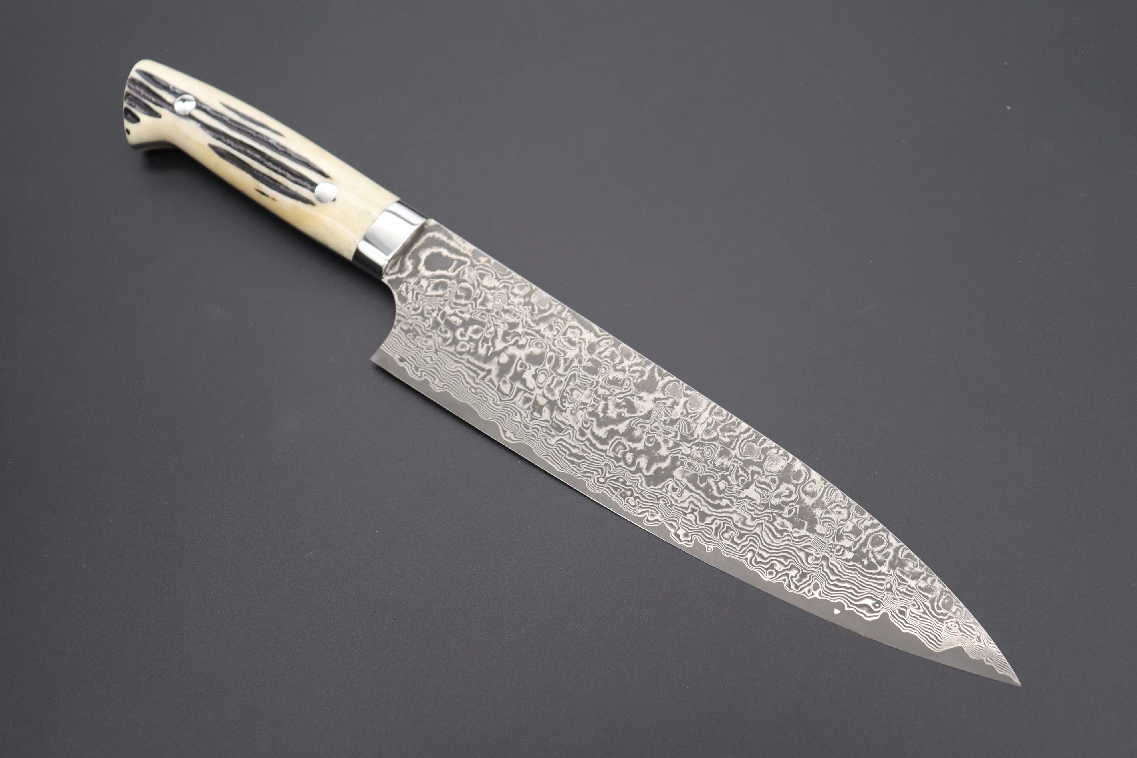 Takeshi Saji R-2 Custom Black Damascus Wild Series Gyuto (180mm to 270mm, 4 sizes, Stag Bone Handle) - Image 9
