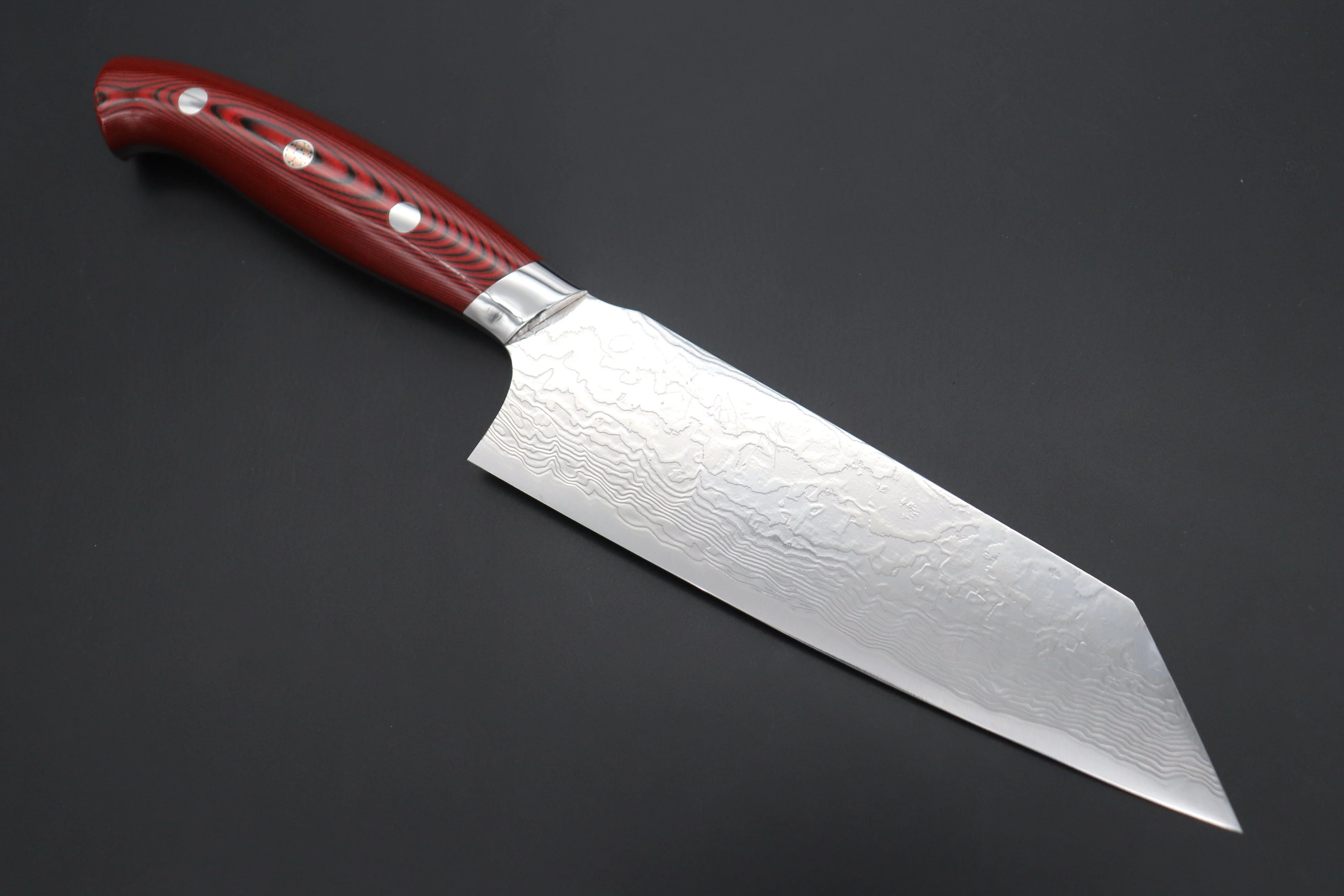 Takeshi Saji R-2 Diamond Damascus Bunka 180mm — Upswept Design (7 Inch, Red/Black Linen Micarta Handle, SNRD-4RB)
