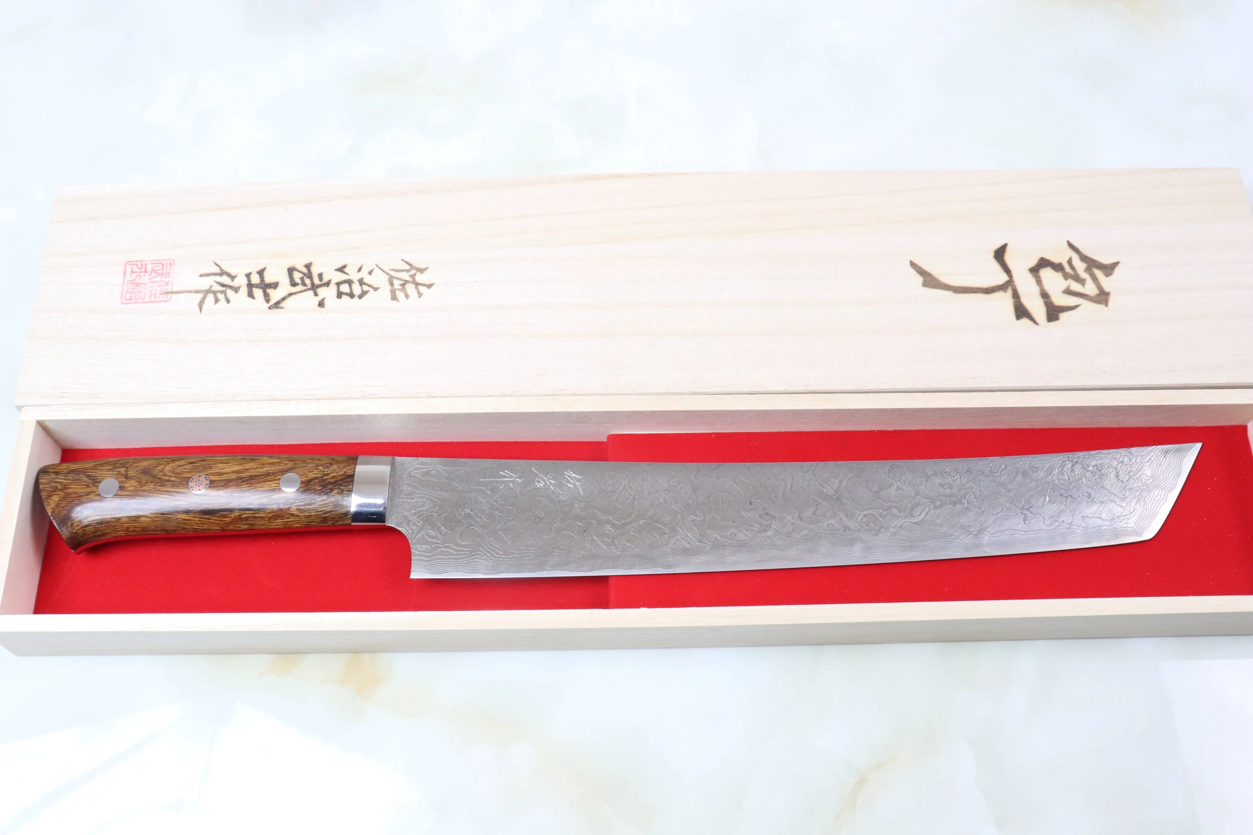Takeshi Saji R-2 Custom Damascus Wild Series SRD-8I Katana Slicer 270mm Ironwood Handle (Polished Blade Version, 10.6 inch) - Image 5