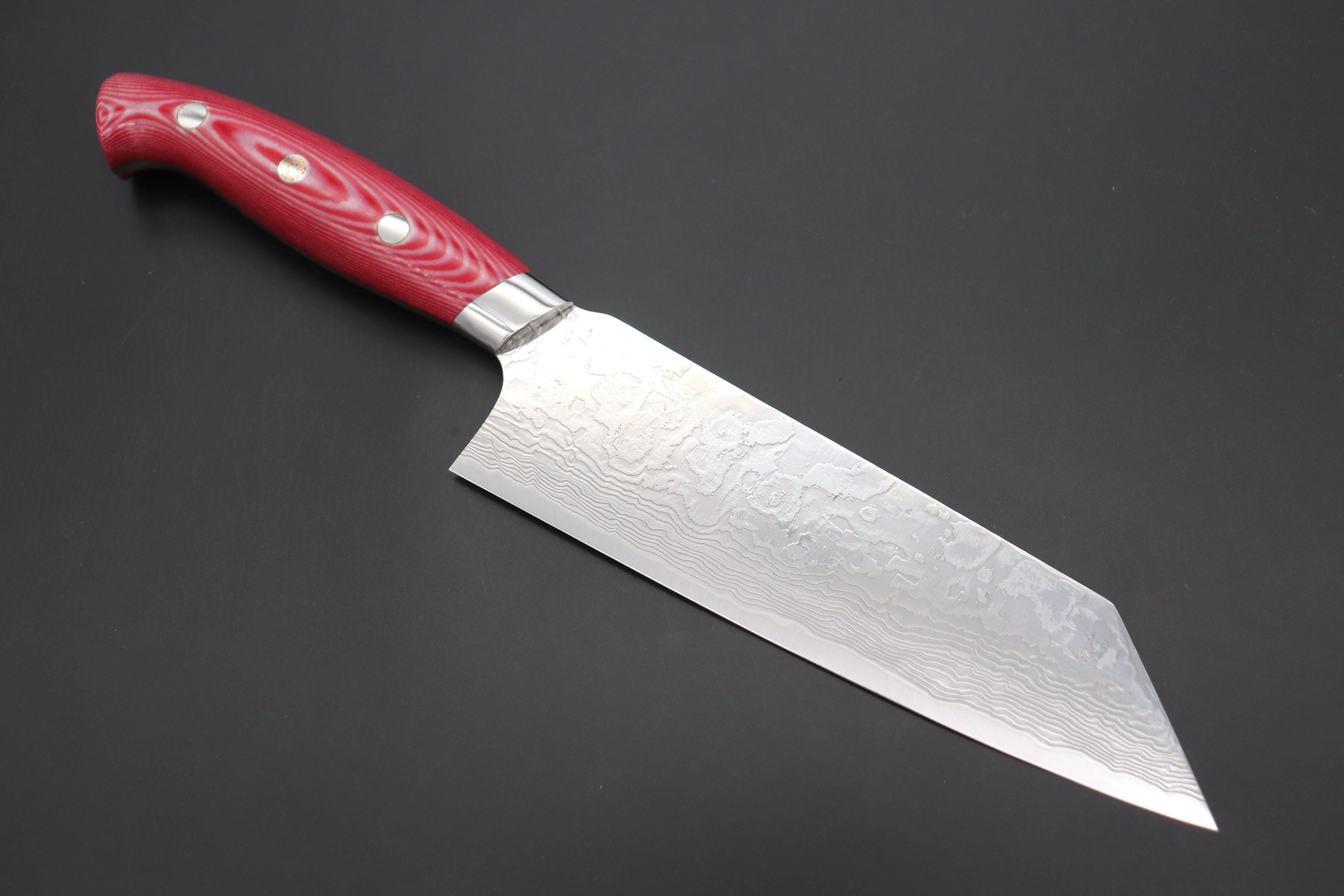 Takeshi Saji R-2 Diamond Damascus Bunka 180mm — Upswept Design (7 Inch, Red/White Linen Micarta Handle, SNRD-4RW)