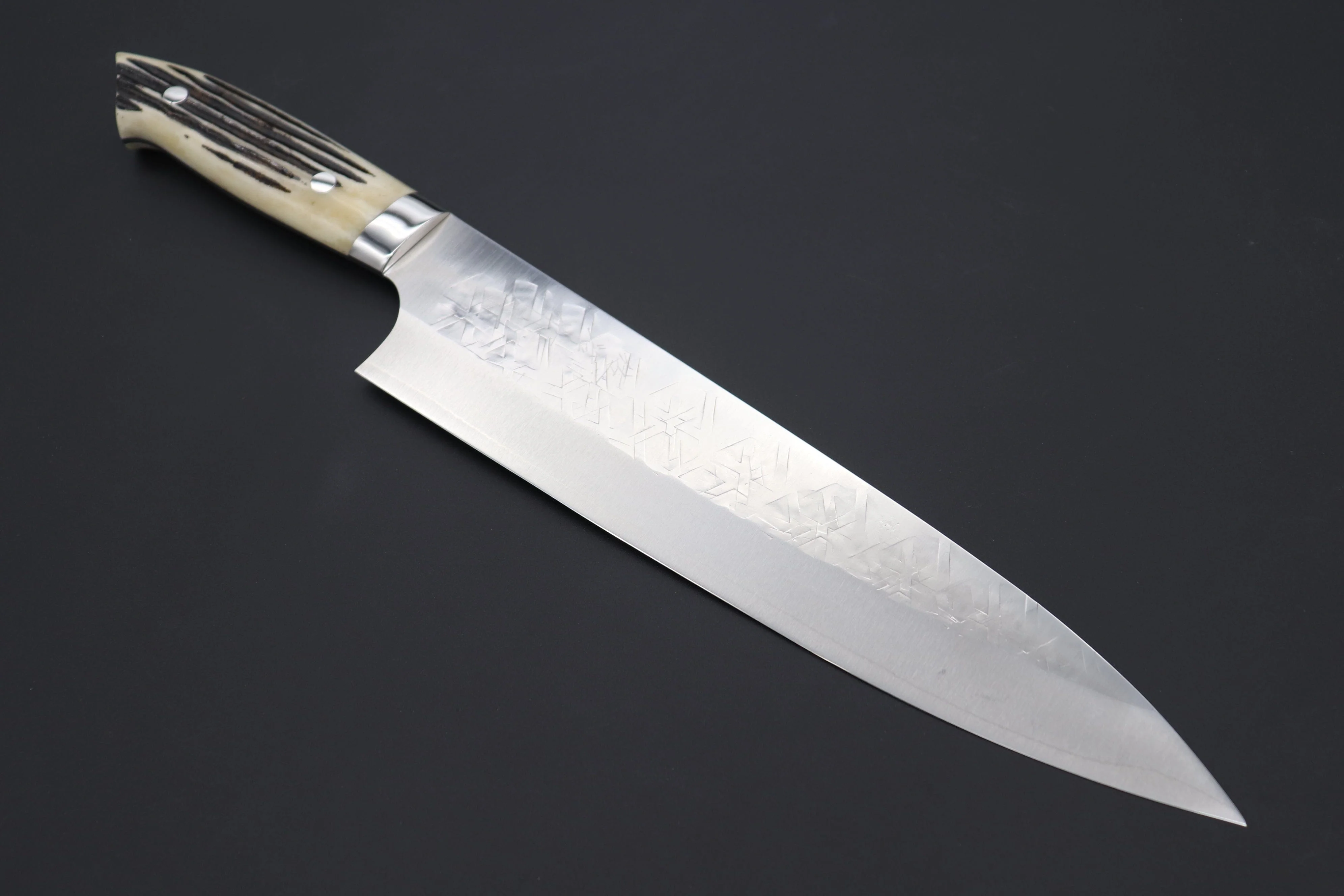 Takeshi Saji SRS-13 Hammer Forged, Custom Handmade Handle Series "Designed By Nomura" Gyuto (210mm and 240mm, 2 Sizes, Stag Bone Handle) - Image 11