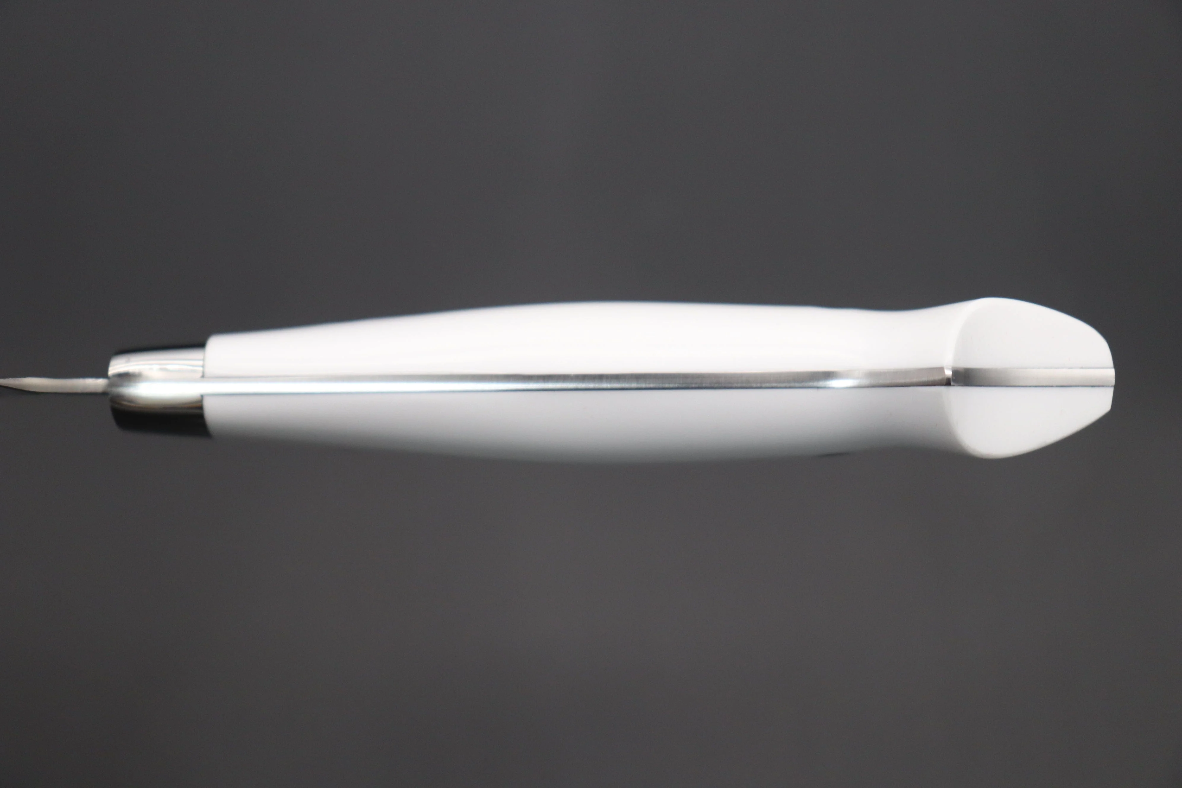 Takeshi Saji SRS-13 Hammer Forged, Custom Handmade Handle Series "Designed By Nomura" Santoku 180mm (7 inch, White Corian Handle) - Image 7