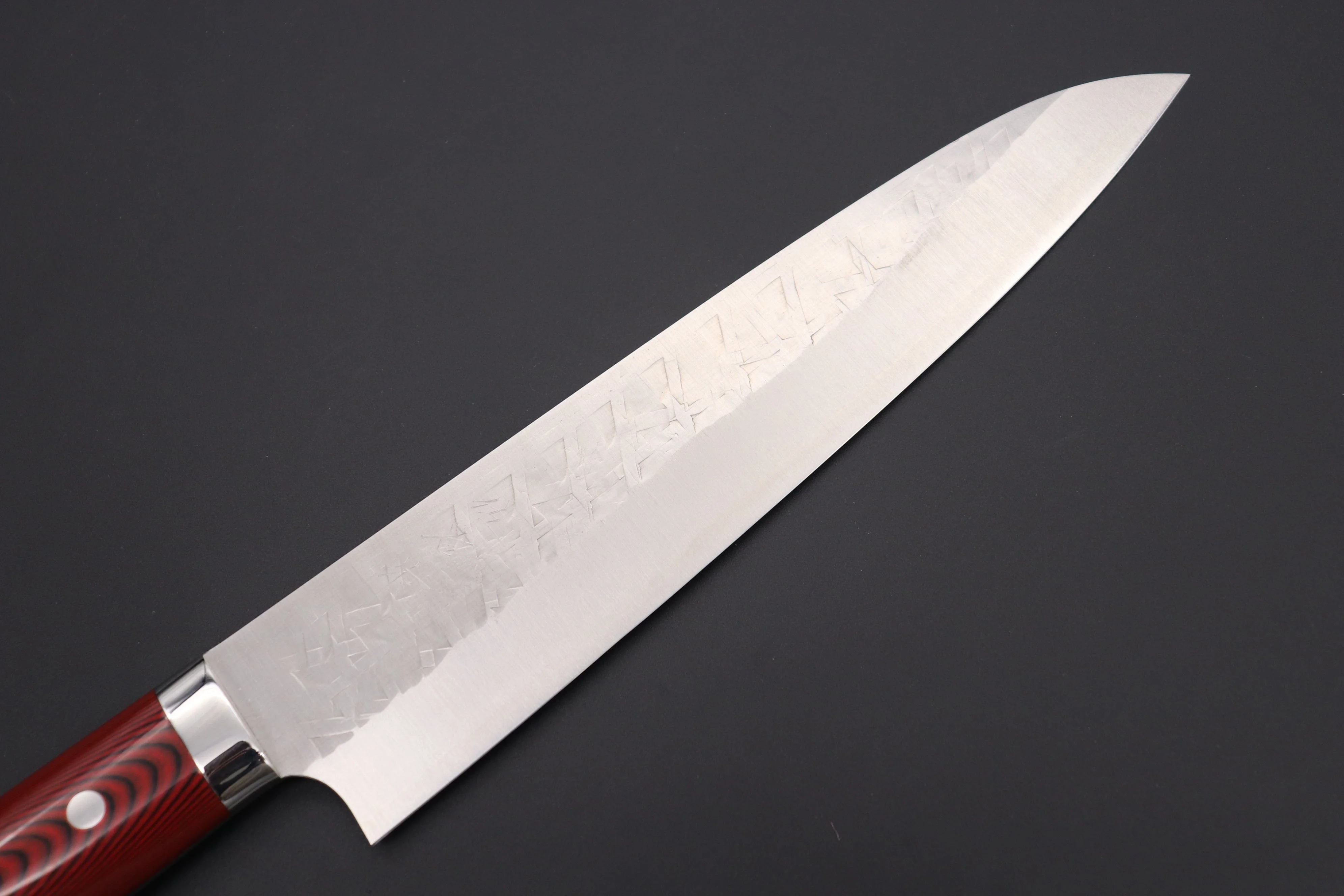 Takeshi Saji SRS-13 Hammer Forged, Custom Handmade Handle Series Gyuto (210mm and 240mm, 2 Sizes, Red & Black Linen Micarta Handle) - Image 2