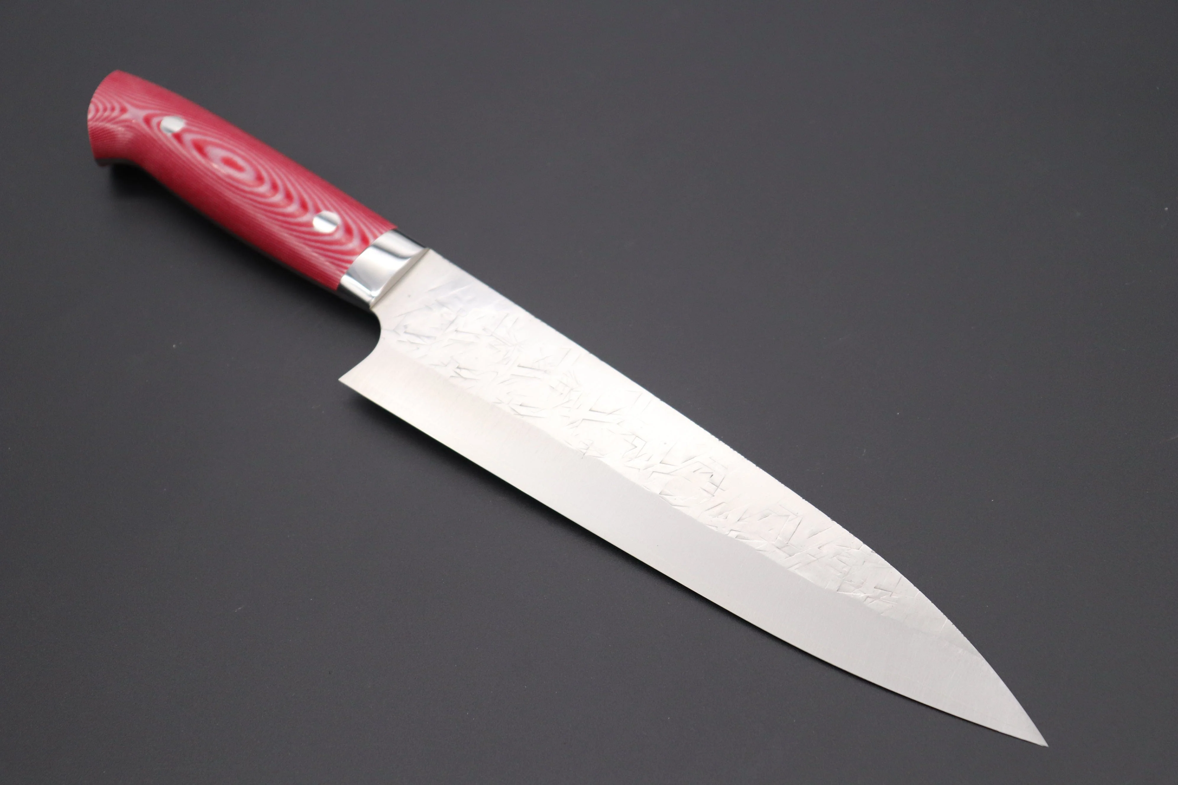 Takeshi Saji SRS-13 Hammer Forged, Custom Handmade Handle Series Gyuto (180mm and 240mm, 3 Sizes, Red & White Linen Micarta Handle)