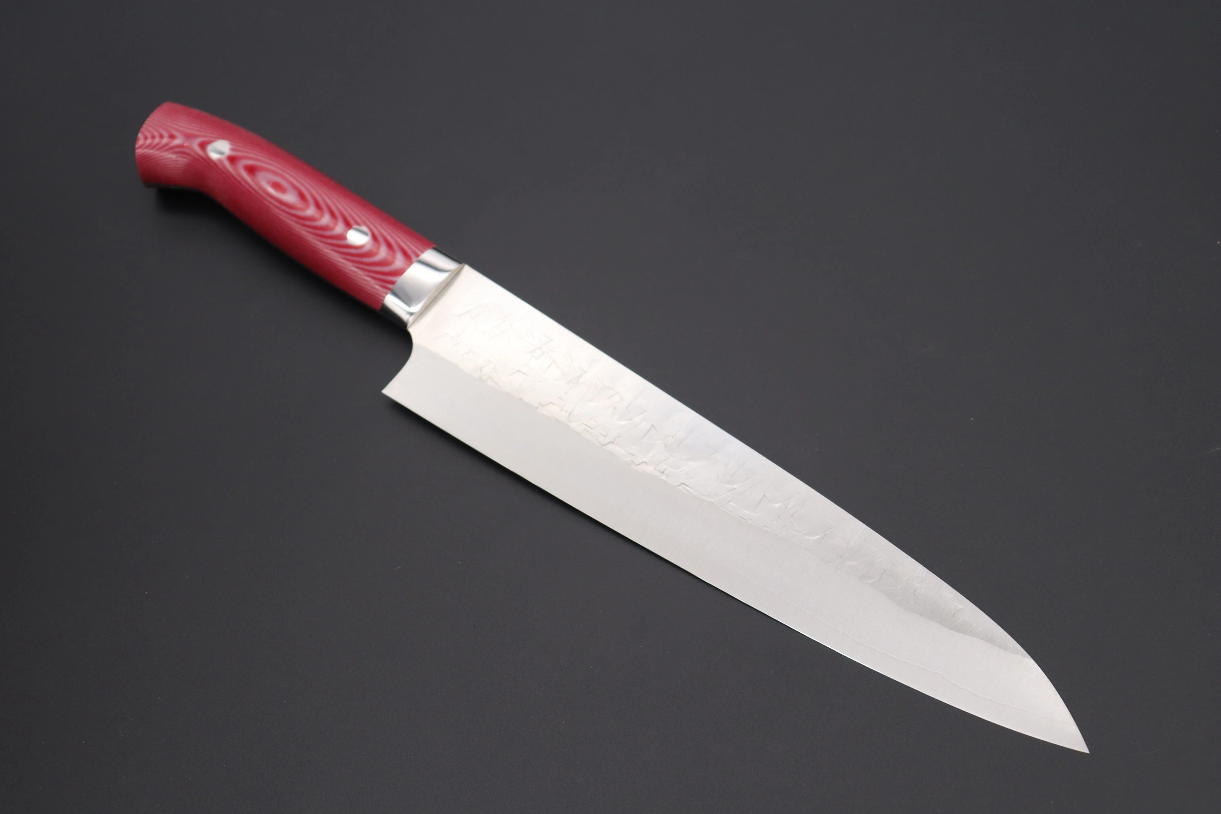 Takeshi Saji SRS-13 Hammer Forged, Custom Handmade Handle Series Gyuto (180mm and 240mm, 3 Sizes, Red & White Linen Micarta Handle) - Image 11