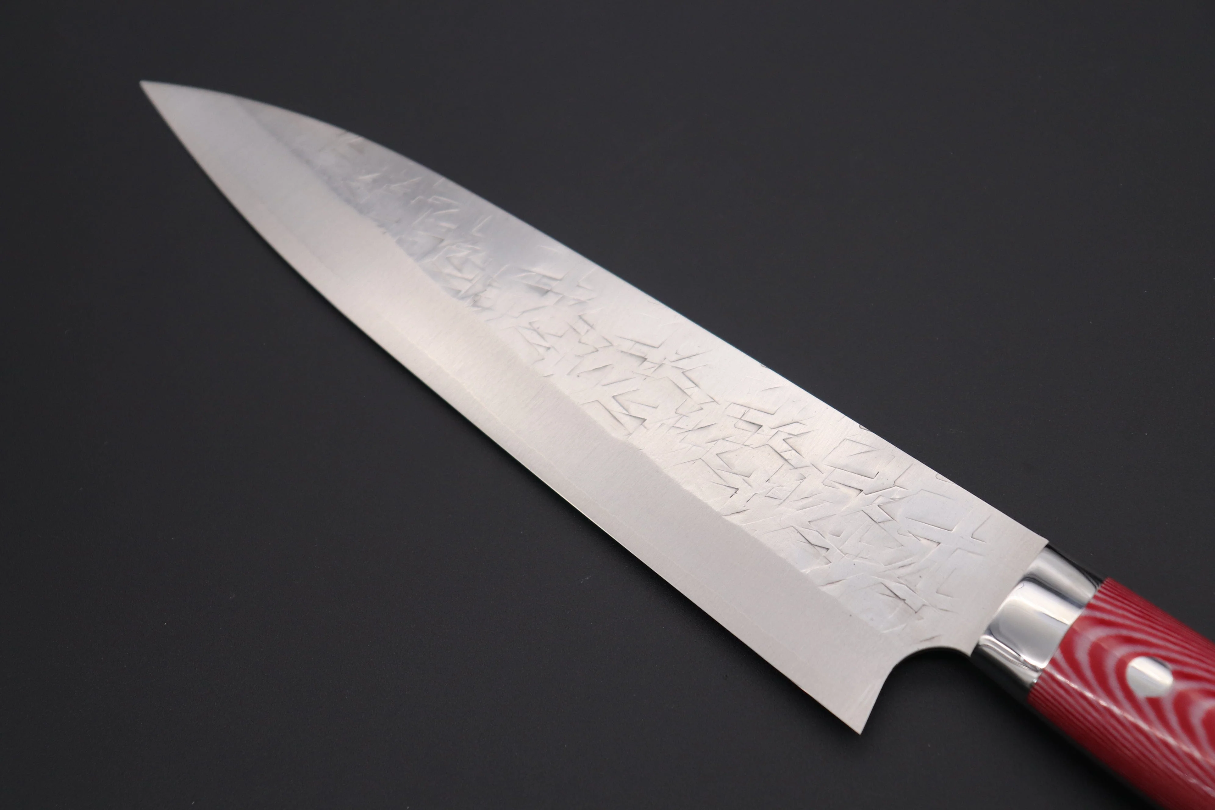 Takeshi Saji SRS-13 Hammer Forged, Custom Handmade Handle Series Gyuto (180mm and 240mm, 3 Sizes, Red & White Linen Micarta Handle) - Image 8