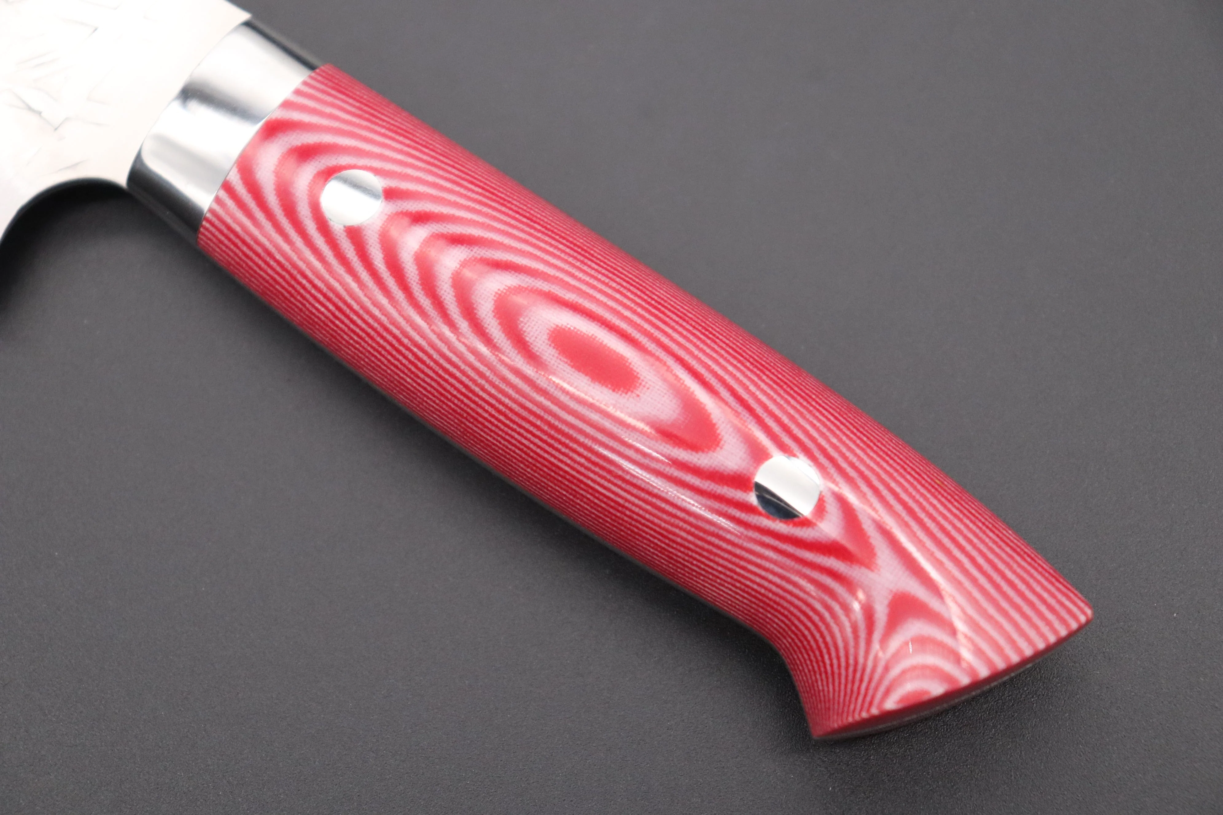 Takeshi Saji SRS-13 Hammer Forged, Custom Handmade Handle Series Gyuto (180mm and 240mm, 3 Sizes, Red & White Linen Micarta Handle) - Image 9