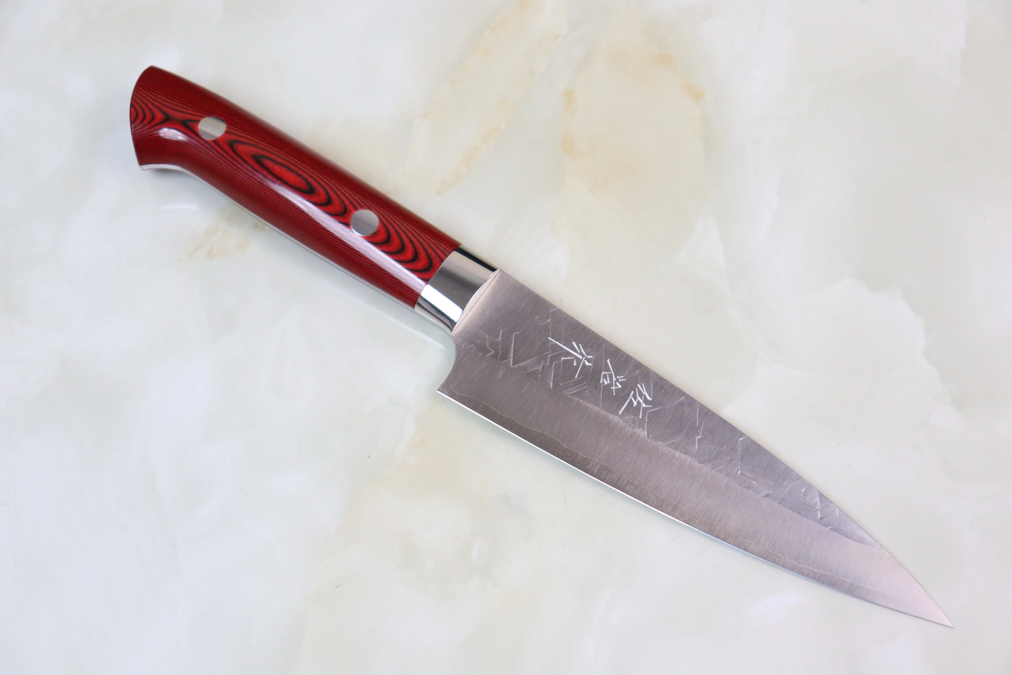Takeshi Saji SRS-13 Hammer Forged, Custom Handmade Handle Series Petty 135mm (5.3 inch, Red & Black Linen Micarta Handle)