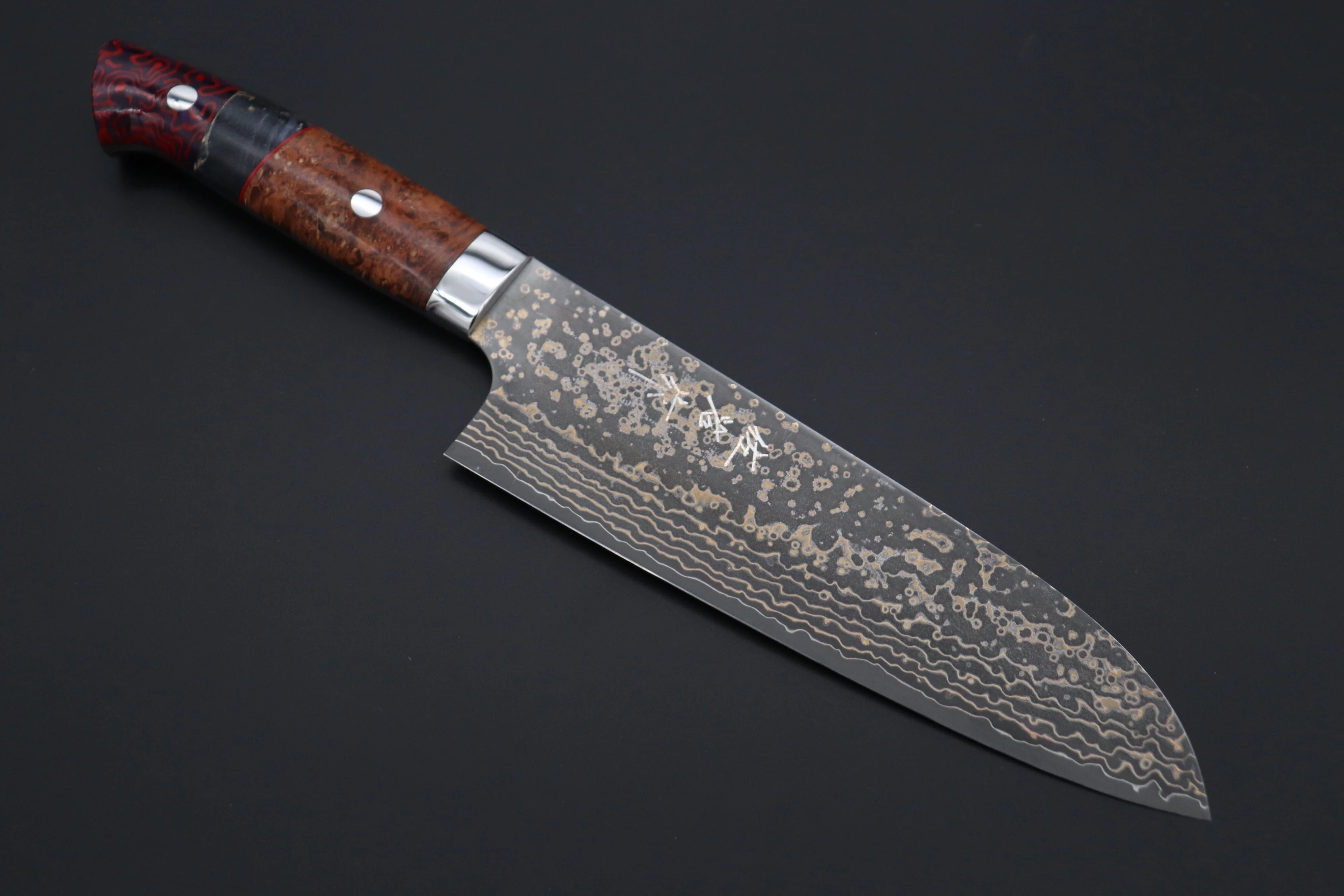 Takeshi Saji SUMMIT ― Limited Edition Custom Series  SMT-1070 VG-10W Multi-Colored Golden-Rainbow Damascus Santoku 180mm (7 Inch)