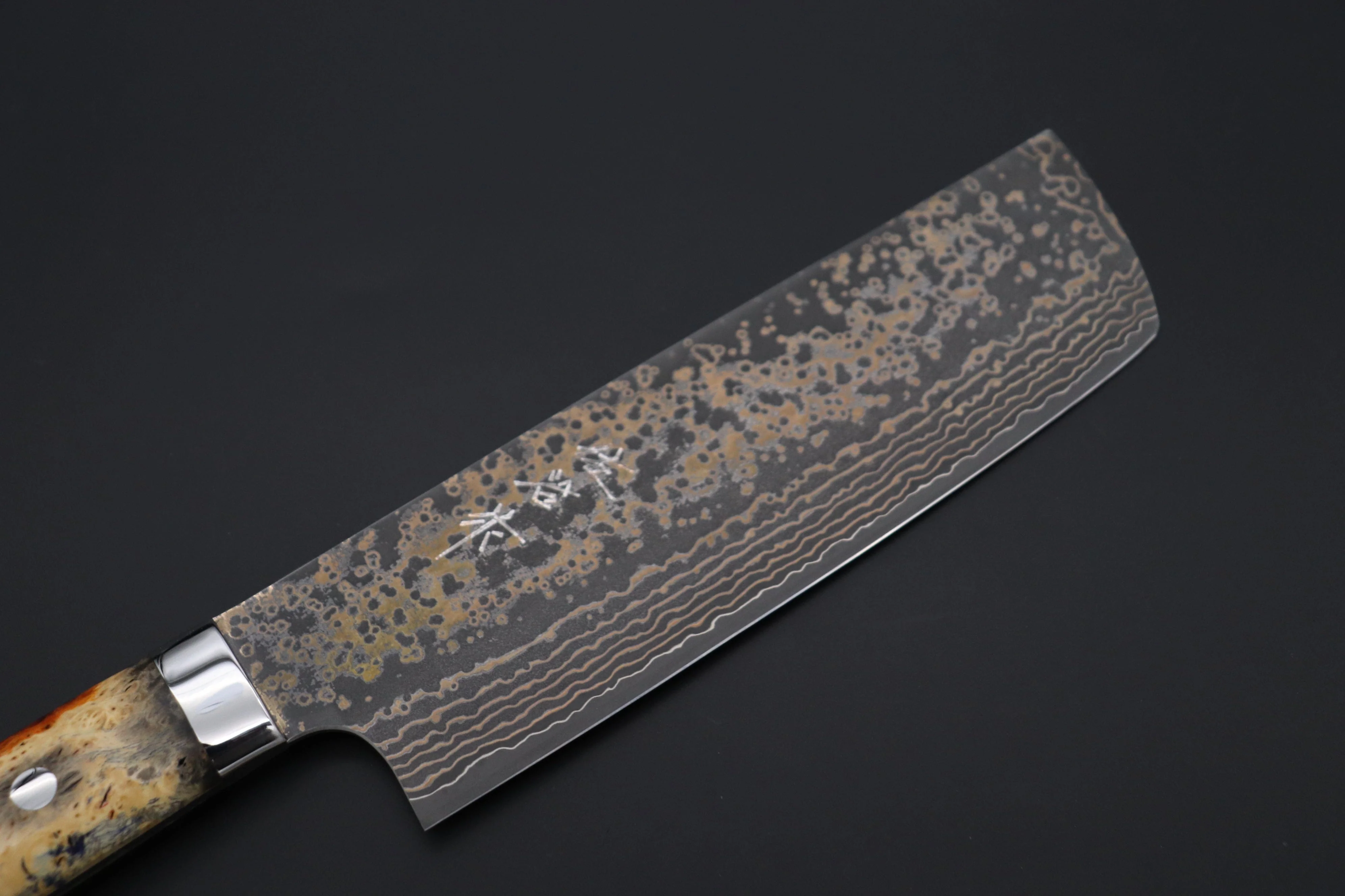 Takeshi Saji SUMMIT ― Limited Edition Custom Series SMT-1086 VG-10W Multi-Colored Golden-Rainbow Damascus Nakiri 165mm (6.4 Inch) - Image 2