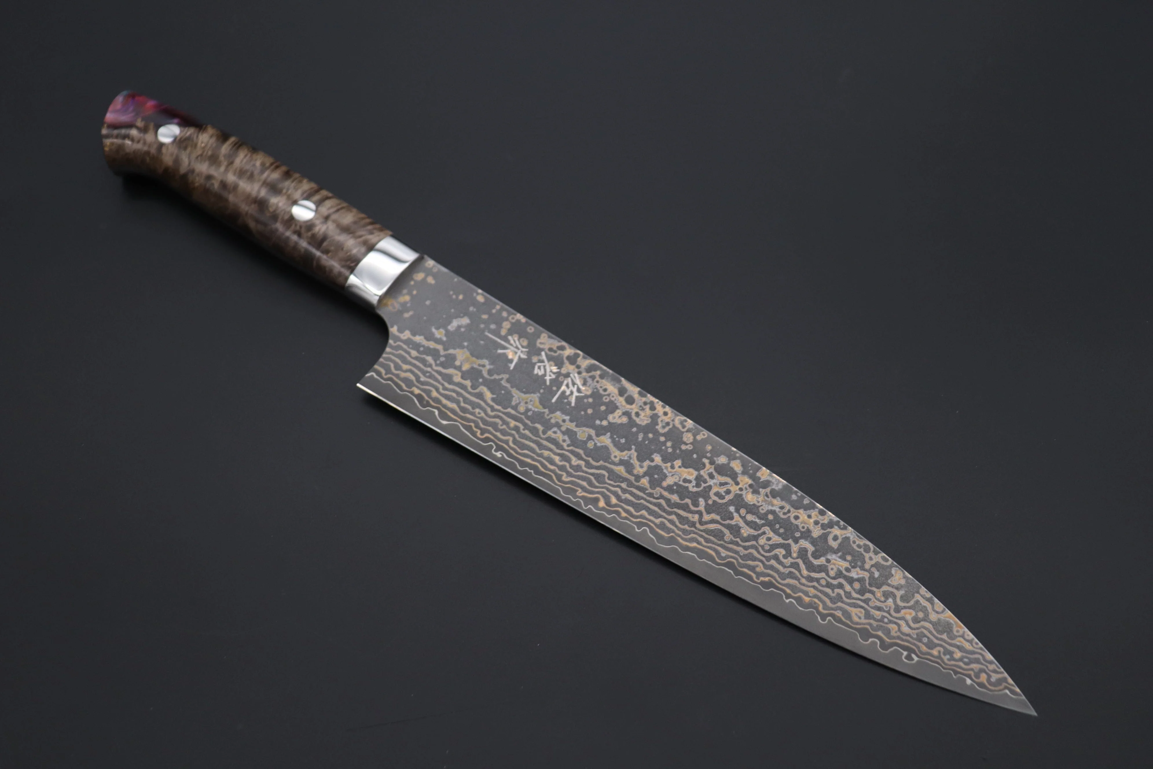 Takeshi Saji SUMMIT ― Limited Edition Custom Series SMT-1090 VG-10W Multi-Colored Golden-Rainbow Damascus Gyuto 210mm (8.2 Inch)