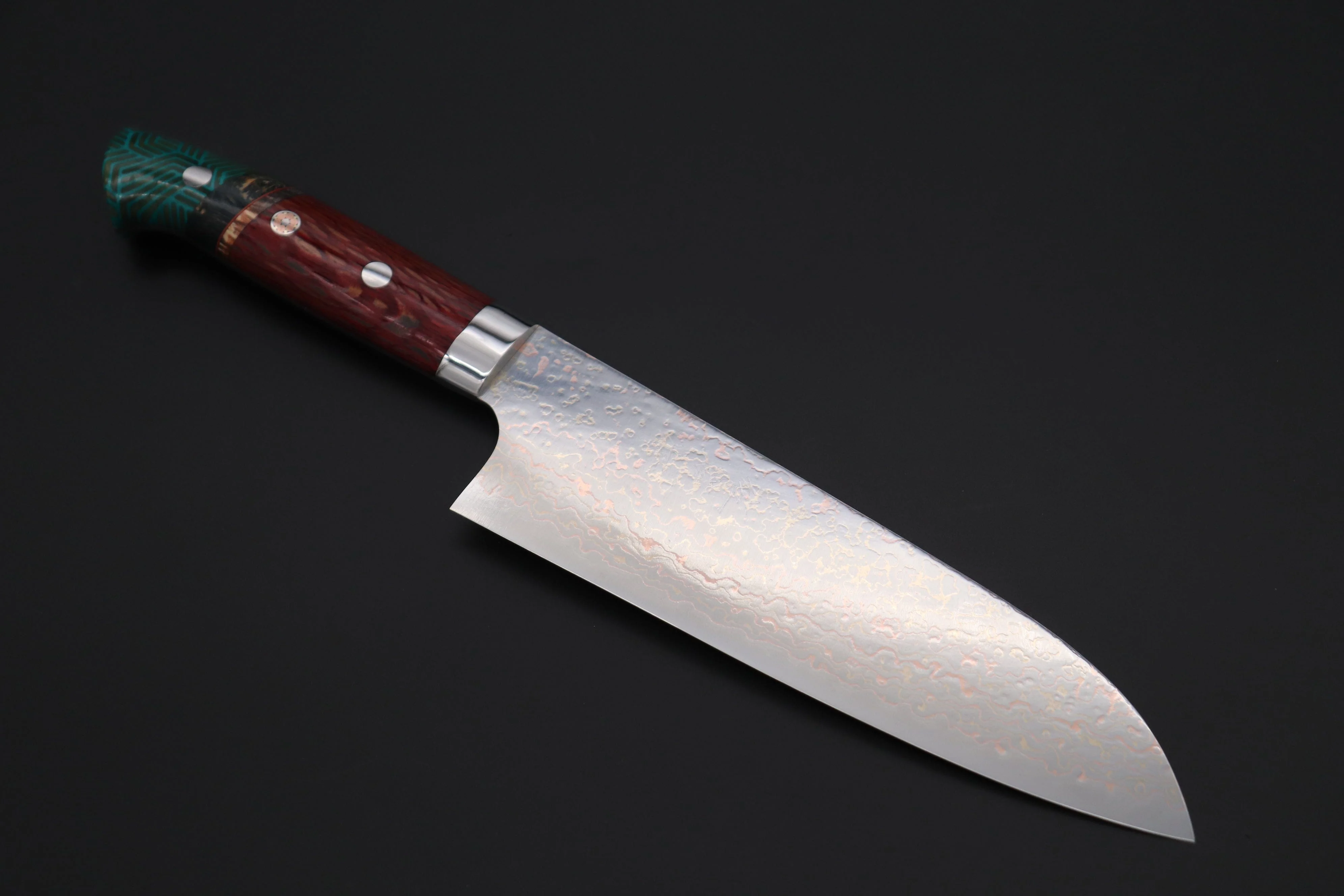 Takeshi Saji SUMMIT ― Limited Edition Custom Series SMT-1116 VG-10W磨 Multi-Colored Golden-Rainbow Damascus Santoku 180mm (7 Inch)