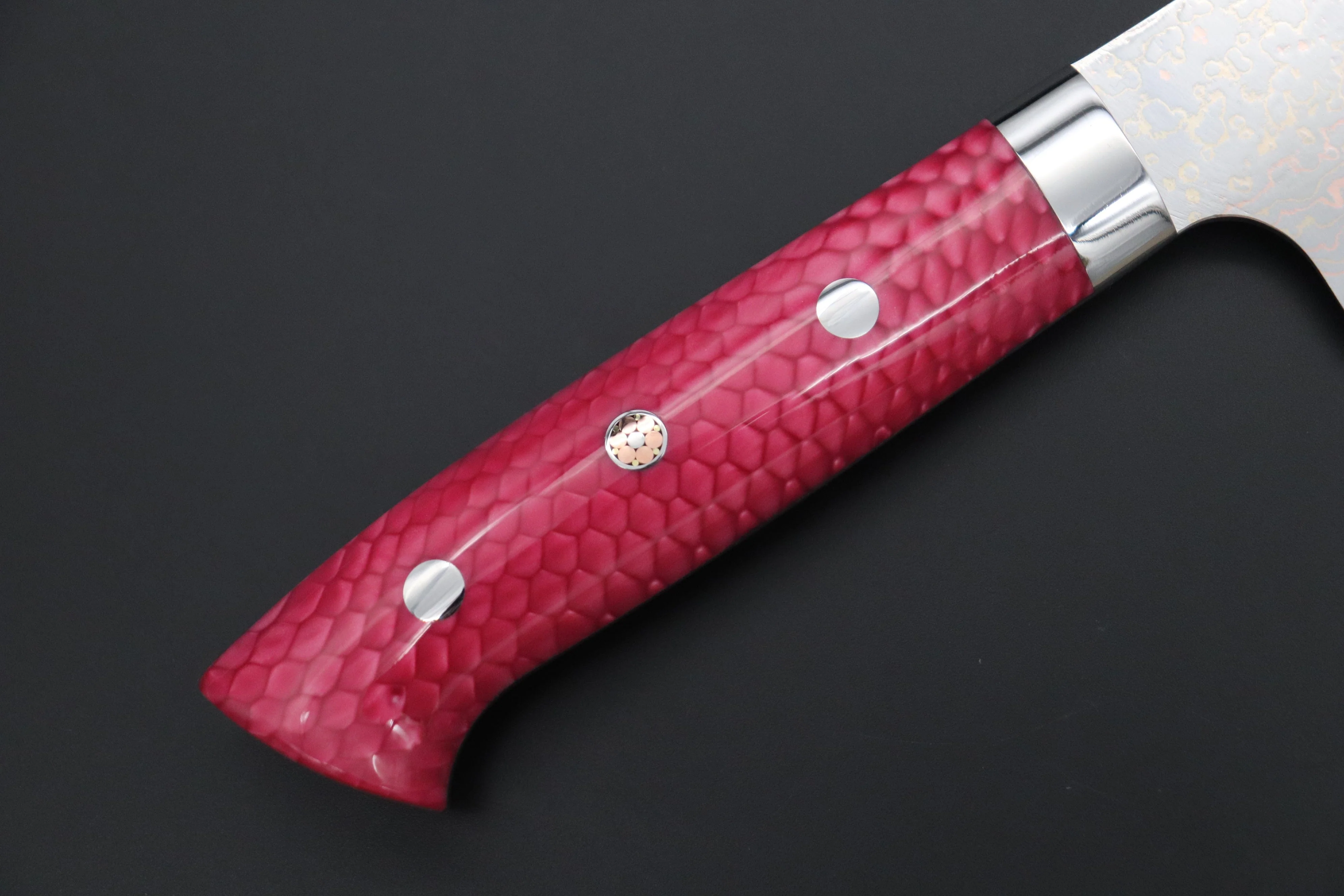 Takeshi Saji SUMMIT ― Limited Edition Custom Series SMT-1131 VG-10W磨 Multi-Colored Golden-Rainbow Damascus Gyuto 210mm (8.2 Inch) - Image 3