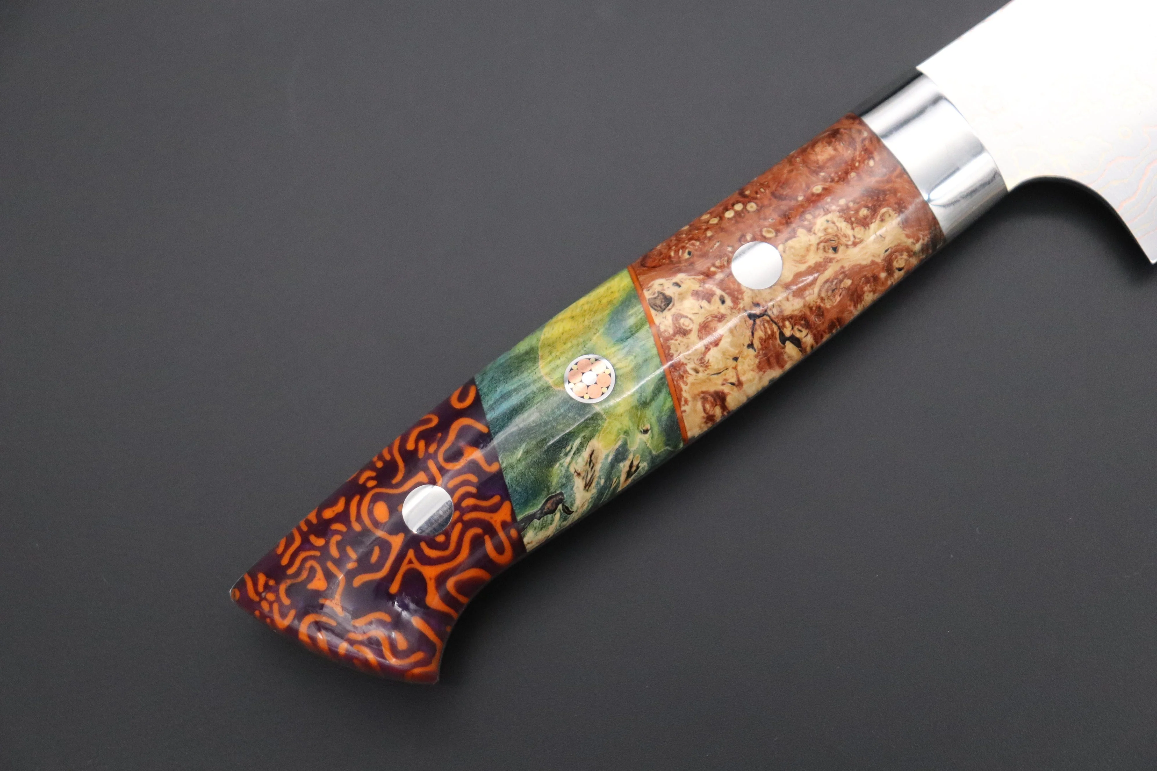 Takeshi Saji SUMMIT ― Limited Edition Custom Series SMT-1136 VG-10W磨 Multi-Colored Golden-Rainbow Damascus Sujihiki 270mm (10.6 Inch) - Image 3