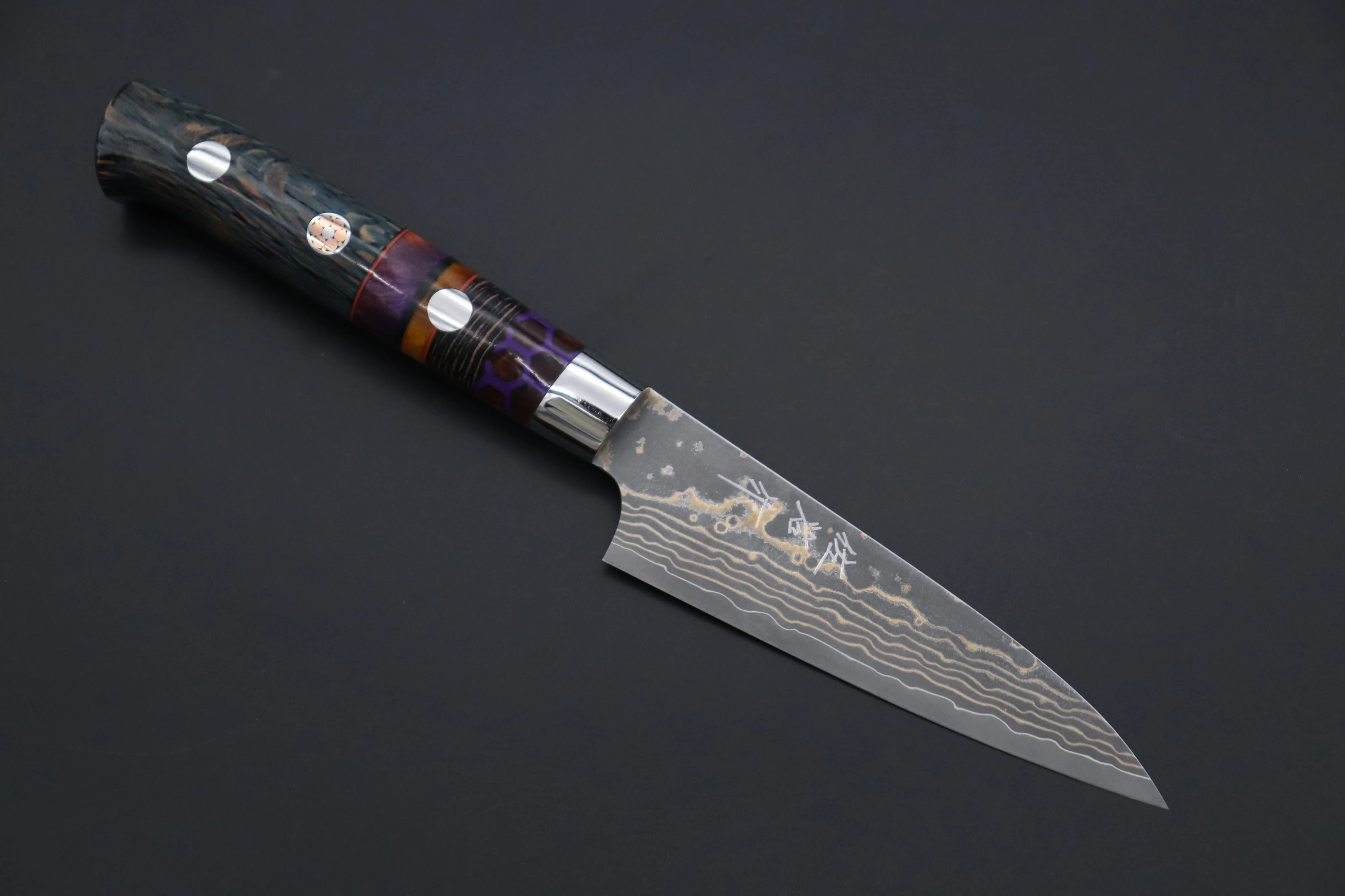 Takeshi Saji SUMMIT ― Limited Edition Custom Series SMT-1144 VG-10W Multi-Colored Golden-Rainbow Damascus Paring 95mm (3.7 Inch)