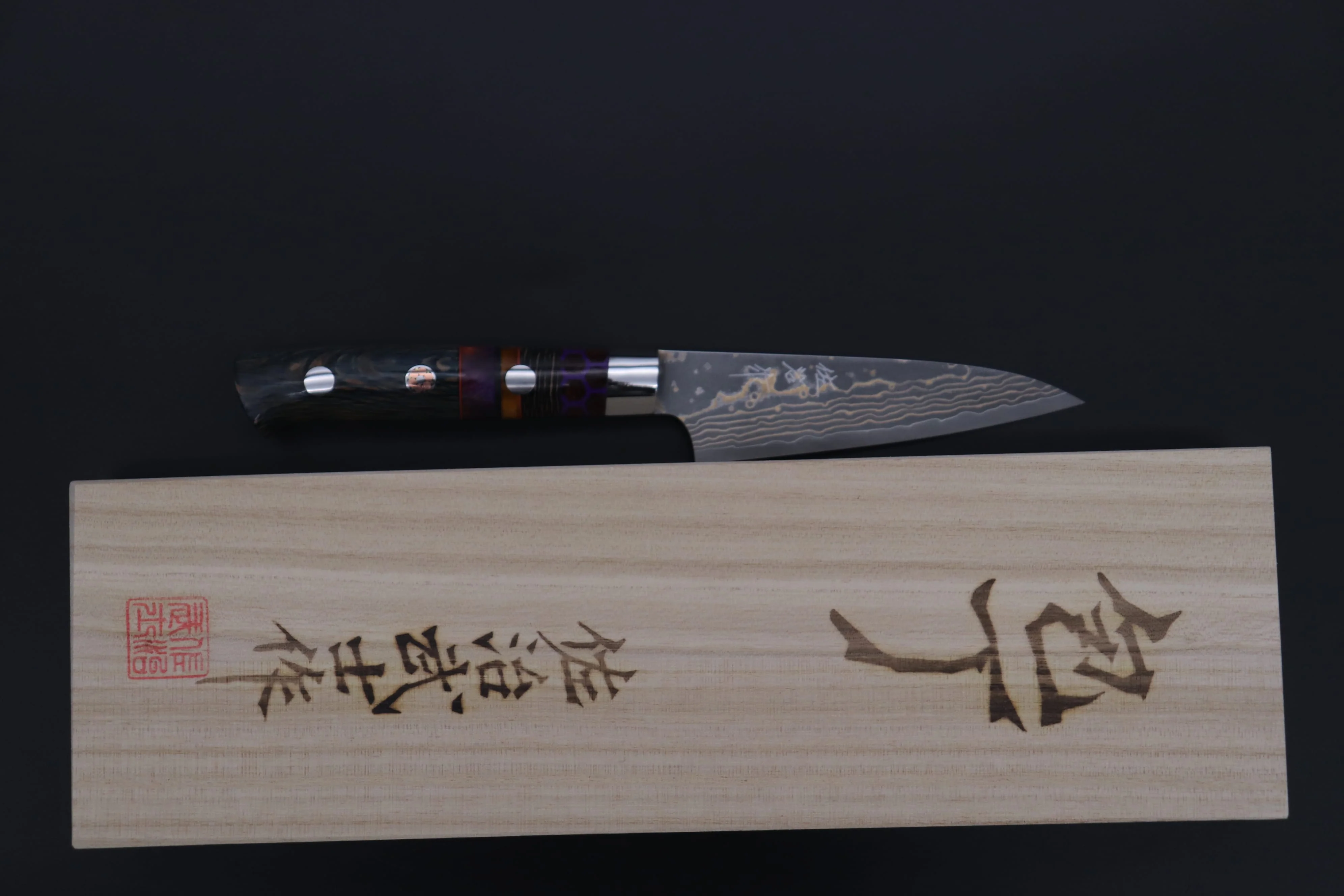 Takeshi Saji SUMMIT ― Limited Edition Custom Series SMT-1144 VG-10W Multi-Colored Golden-Rainbow Damascus Paring 95mm (3.7 Inch) - Image 8