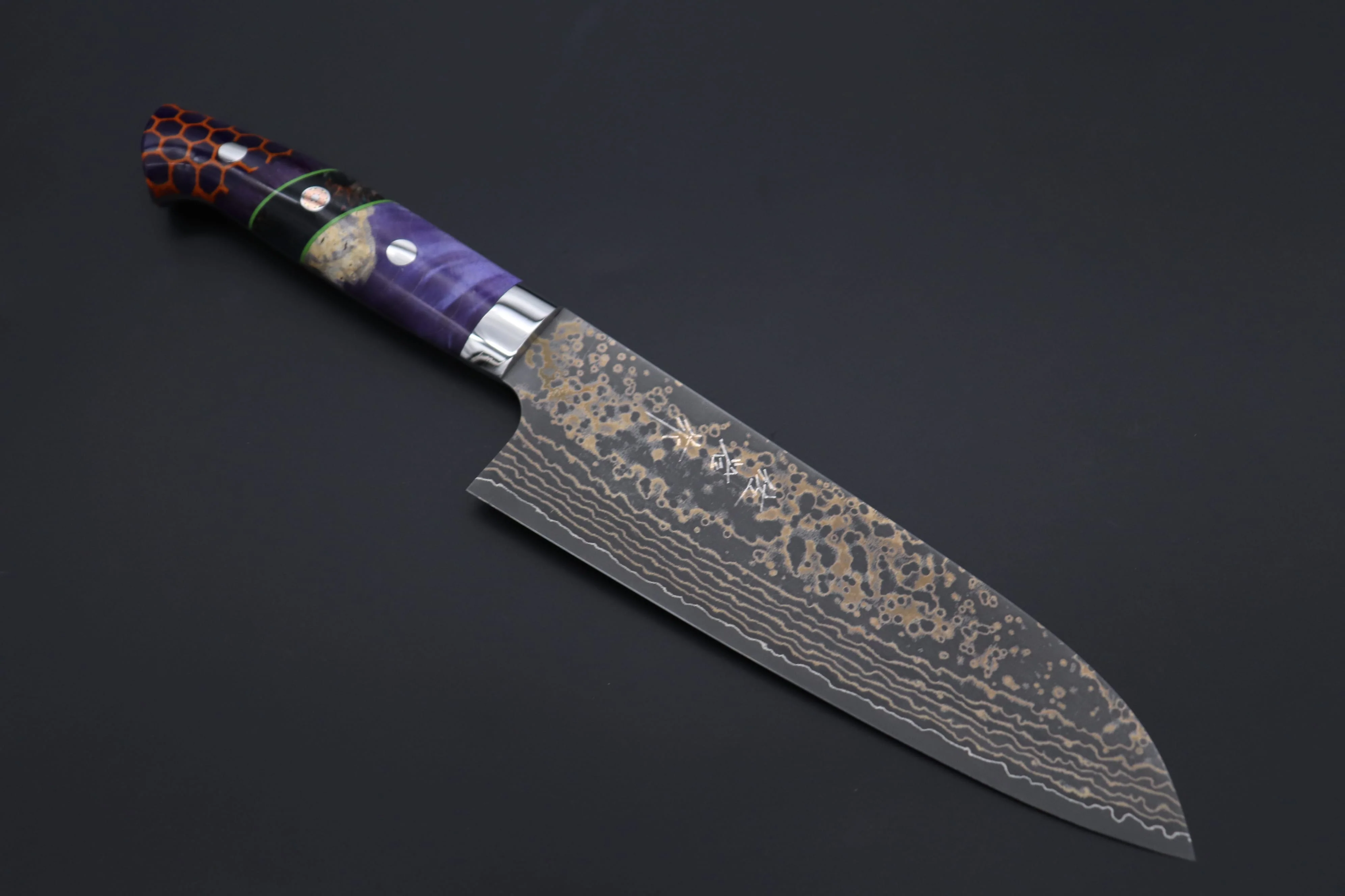 Takeshi Saji SUMMIT ― Limited Edition Custom Series SMT-1146 VG-10W Multi-Colored Golden-Rainbow Damascus Santoku 180mm (7 Inch)