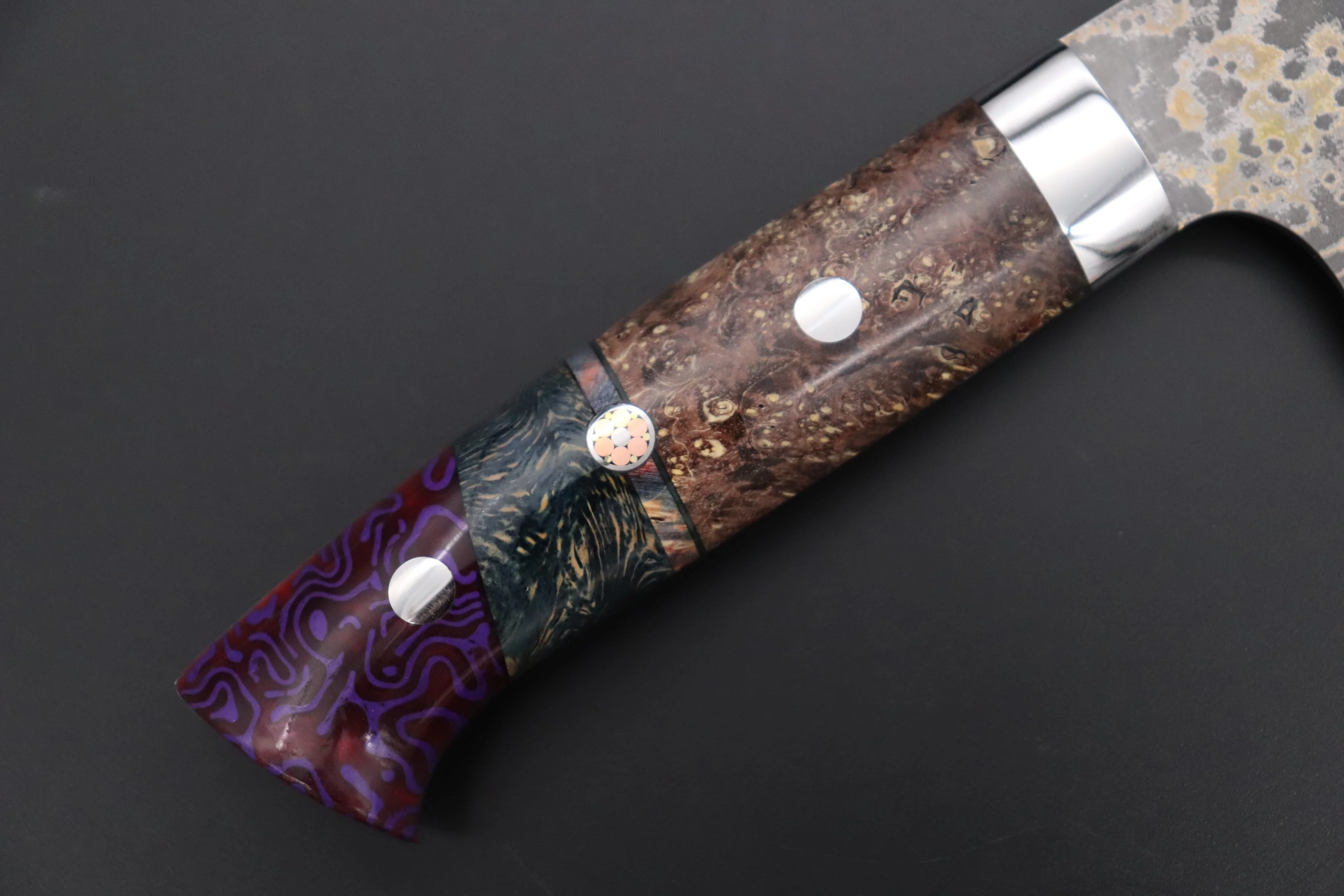 Takeshi Saji SUMMIT ― Limited Edition Custom Series SMT-1154 VG-10W Multi-Colored Golden-Rainbow Damascus Nakiri 165mm (6.4 Inch) - Image 3
