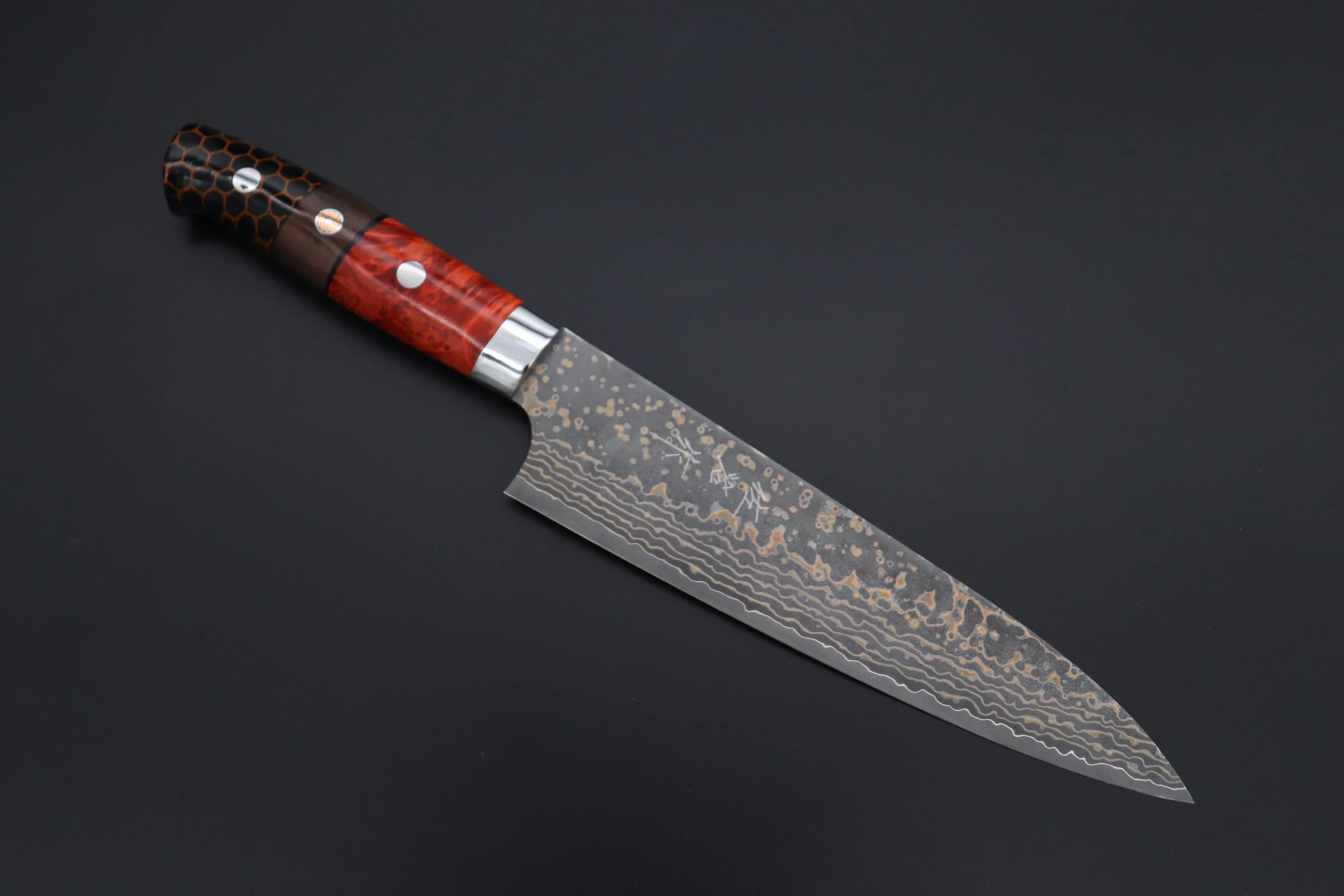 Takeshi Saji SUMMIT ― Limited Edition Custom Series SMT-1155 VG-10W Multi-Colored Golden-Rainbow Damascus Gyuto 180mm (7 Inch)