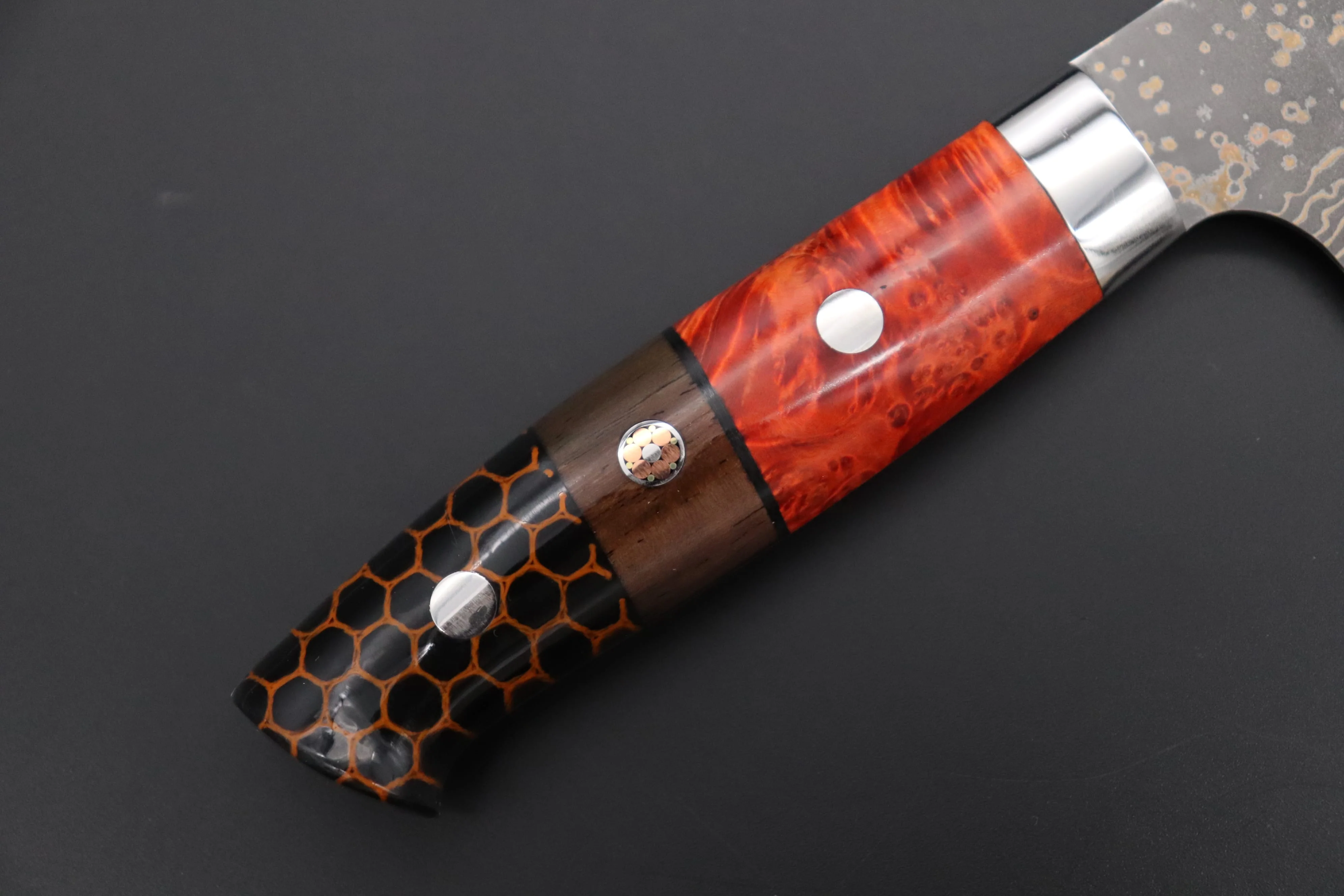 Takeshi Saji SUMMIT ― Limited Edition Custom Series SMT-1155 VG-10W Multi-Colored Golden-Rainbow Damascus Gyuto 180mm (7 Inch) - Image 3