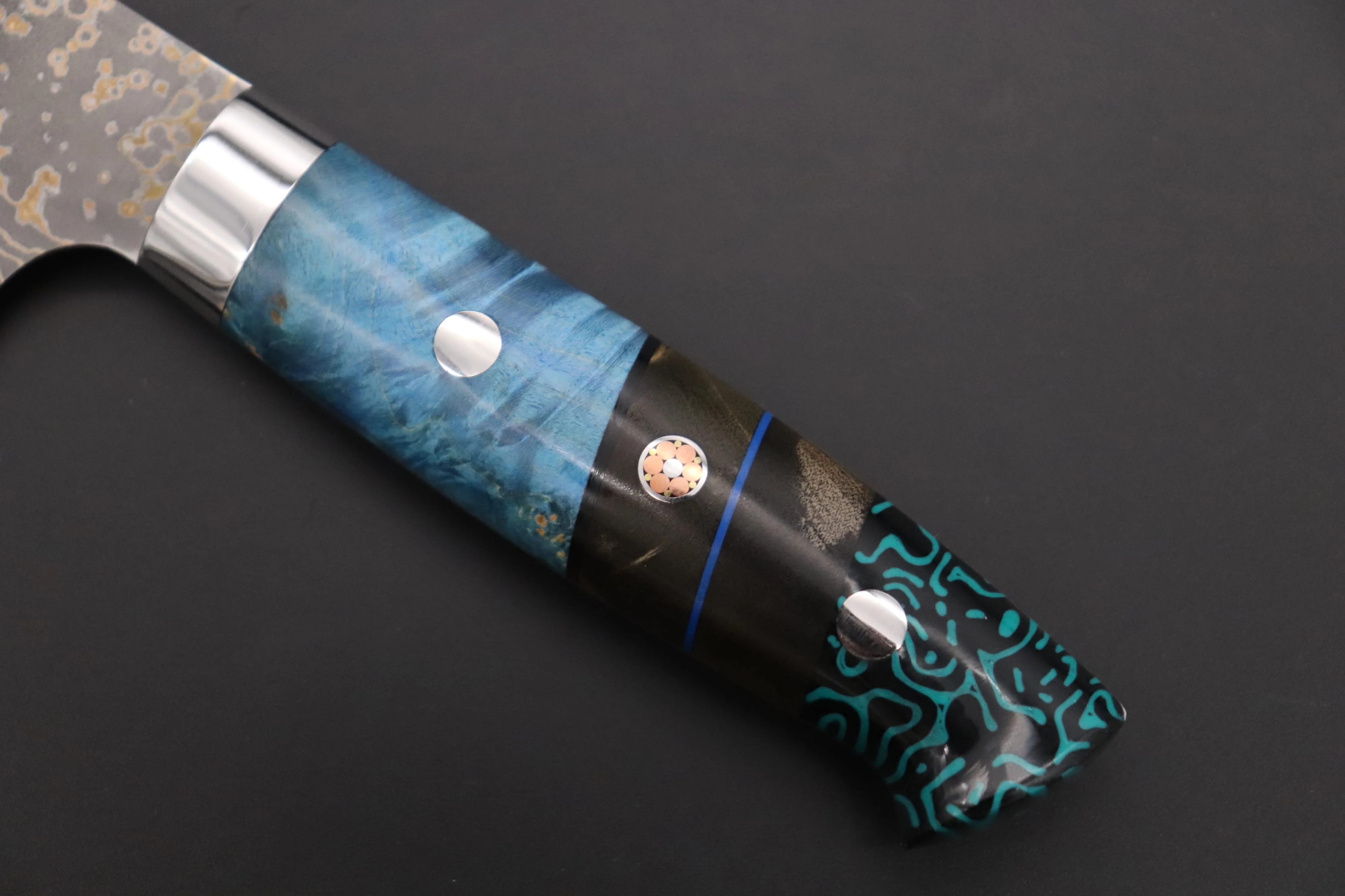 Takeshi Saji SUMMIT ― Limited Edition Custom Series SMT-1156 VG-10W Multi-Colored Golden-Rainbow Damascus Gyuto 180mm (7 Inch) - Image 7