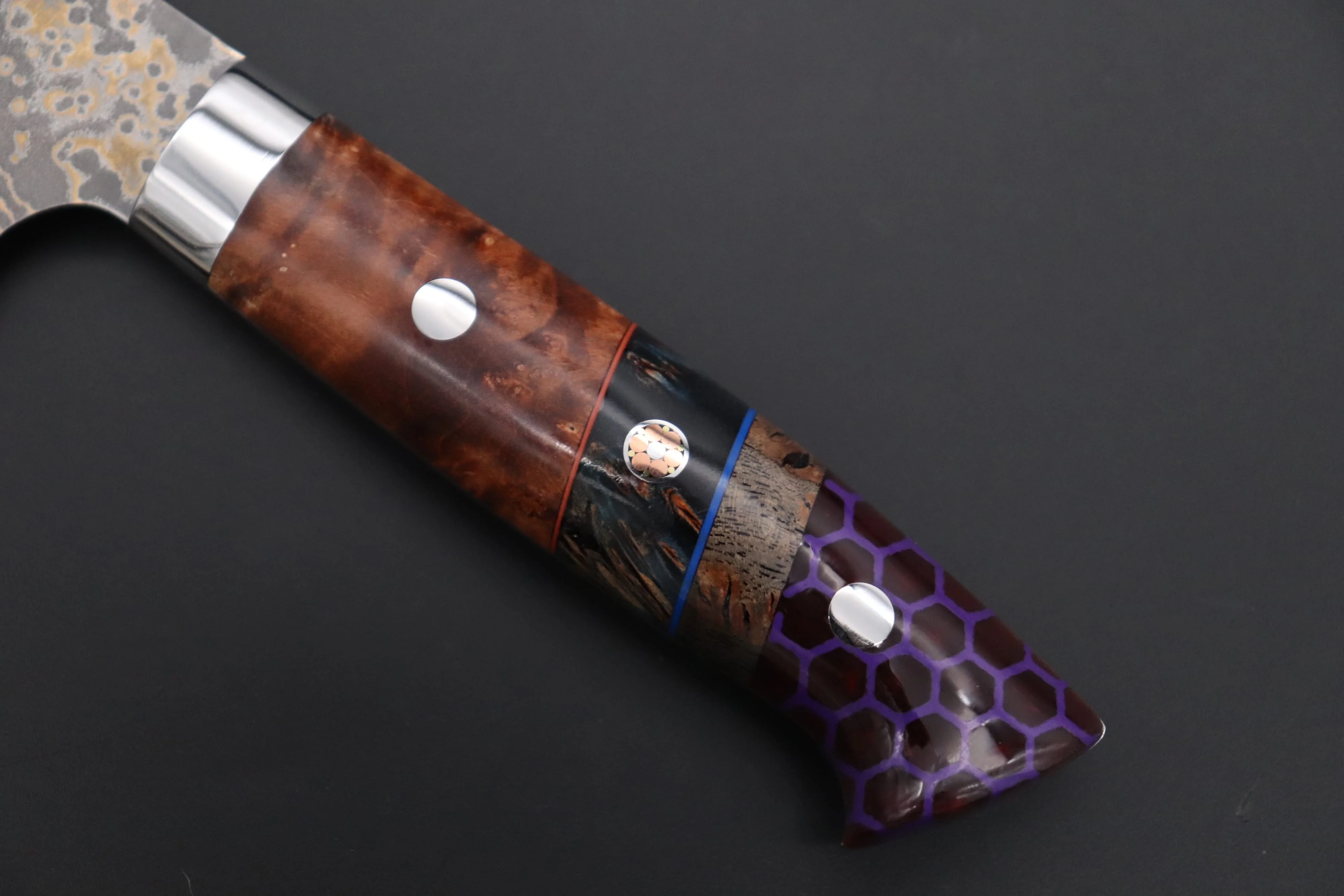 Takeshi Saji SUMMIT ― Limited Edition Custom Series  SMT-1159 VG-10W Multi-Colored Golden-Rainbow Damascus Gyuto 210mm (8.2 Inch) - Image 7