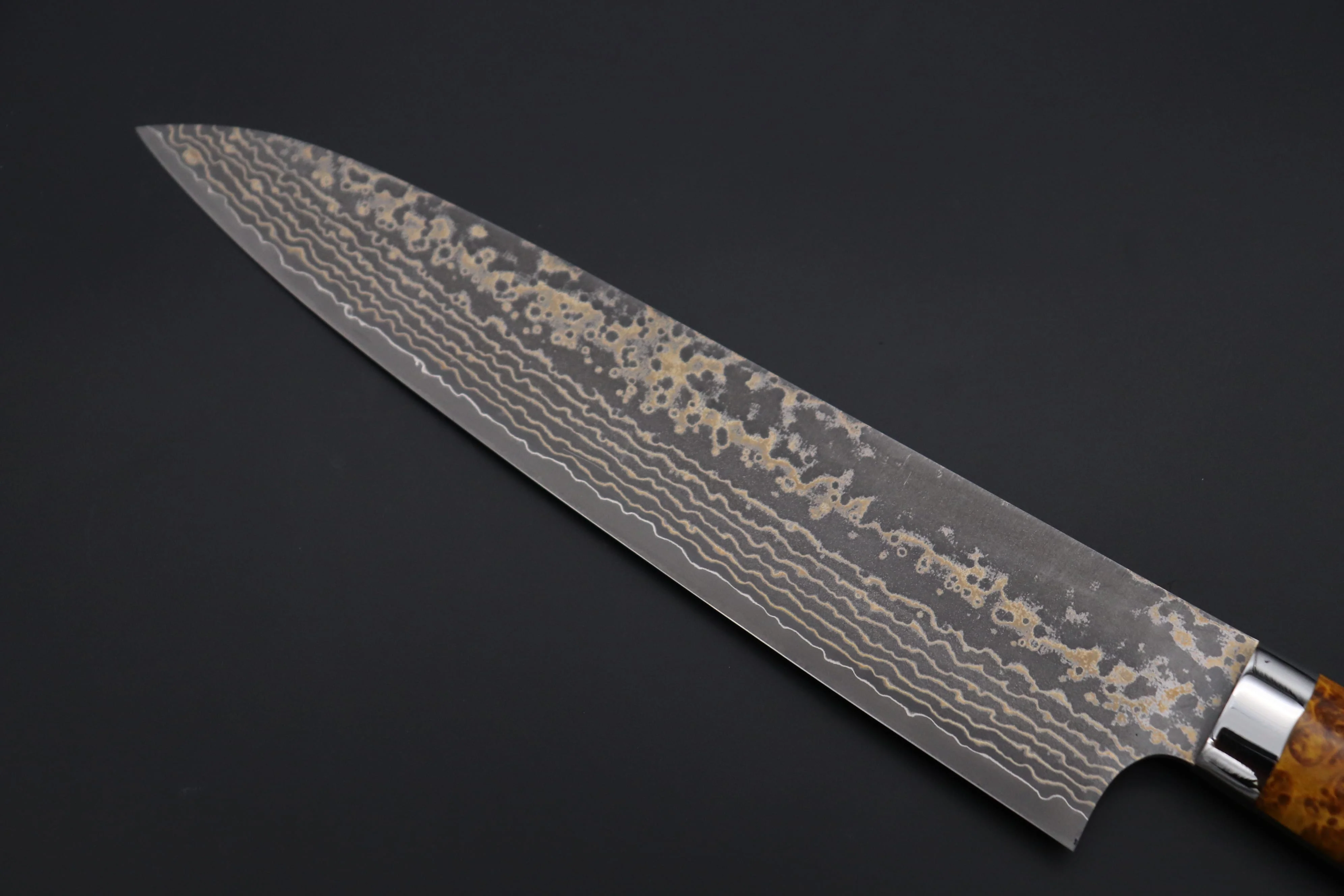 Takeshi Saji SUMMIT ― Limited Edition Custom Series SMT-1163 VG-10W Multi-Colored Golden-Rainbow Damascus Gyuto 240mm (9.4 Inch) - Image 6
