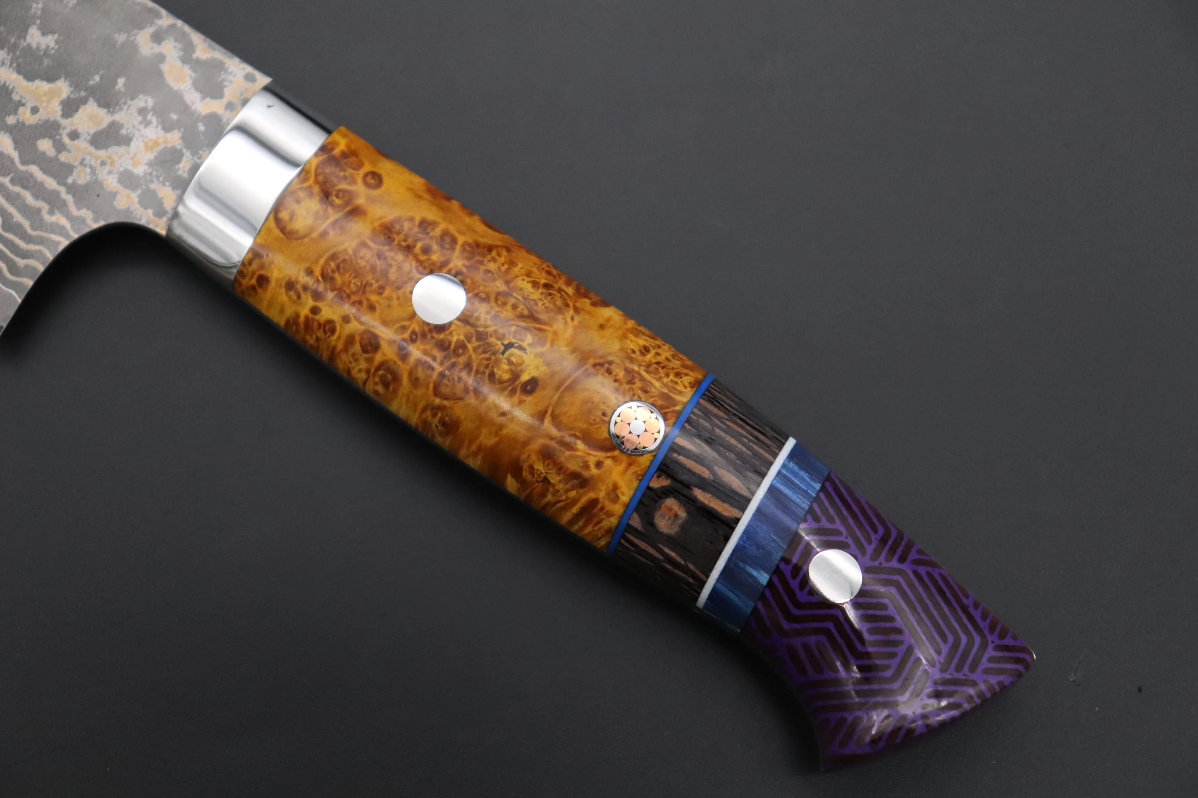Takeshi Saji SUMMIT ― Limited Edition Custom Series SMT-1163 VG-10W Multi-Colored Golden-Rainbow Damascus Gyuto 240mm (9.4 Inch) - Image 7