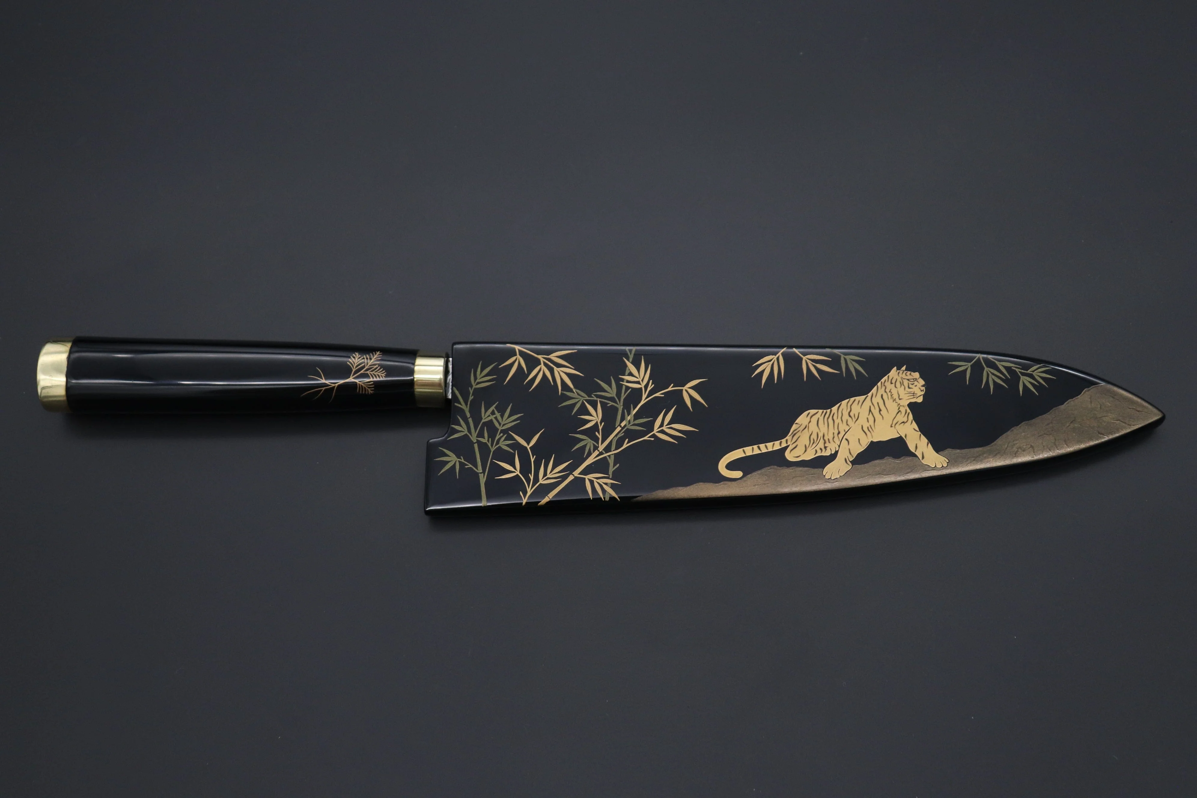 Takeshi Saji Urushi & Makie Series "虎 Japanese Tiger Motif" R-2 Custom Diamond Damascus STU-42 Gyuto 210mm (8.2') - Image 8