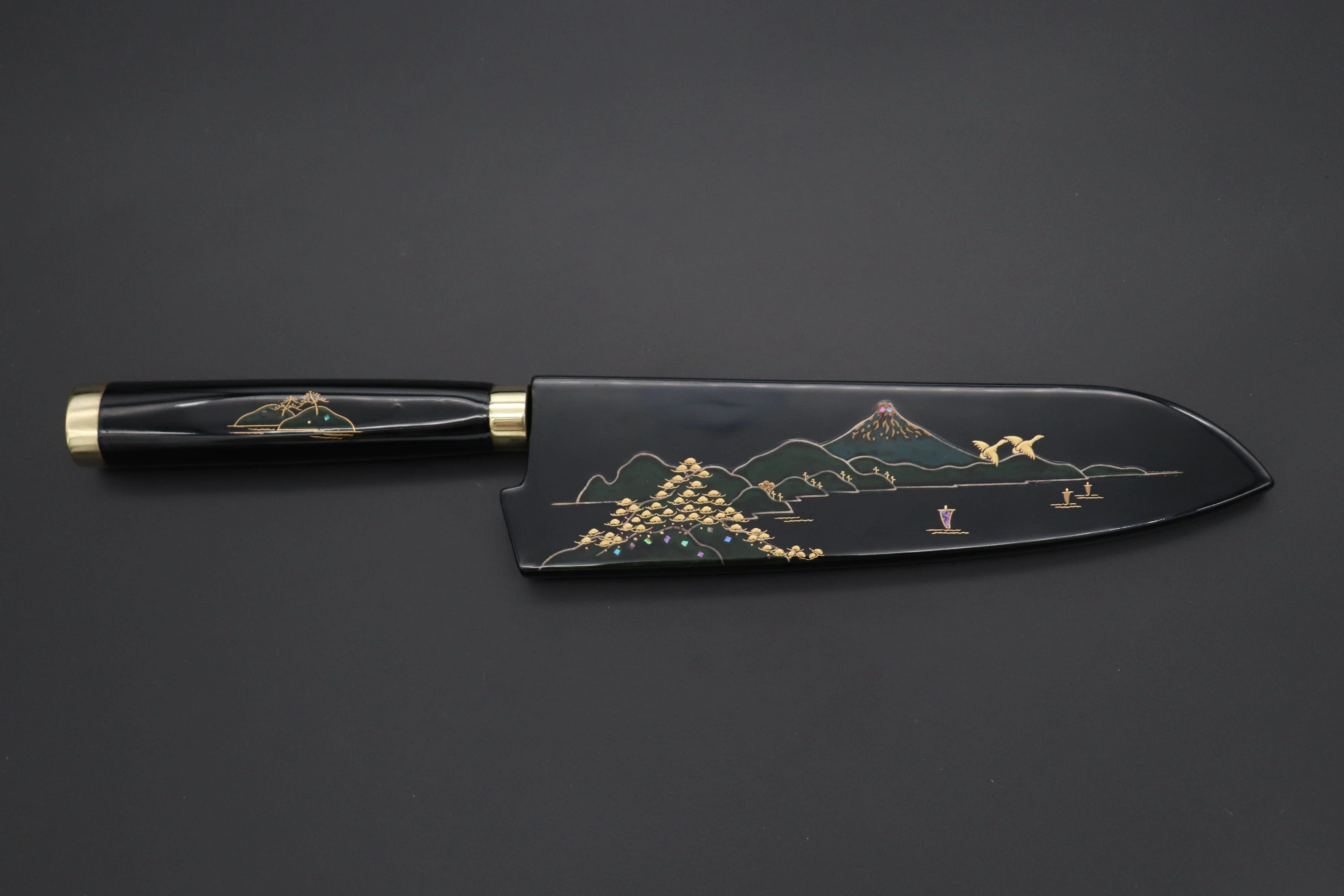 Takeshi Saji Urushi & Makie Series "Mt. Fuji Motif" R-2 Custom Diamond Damascus STU-41 Santoku 180mm (7') - Image 8