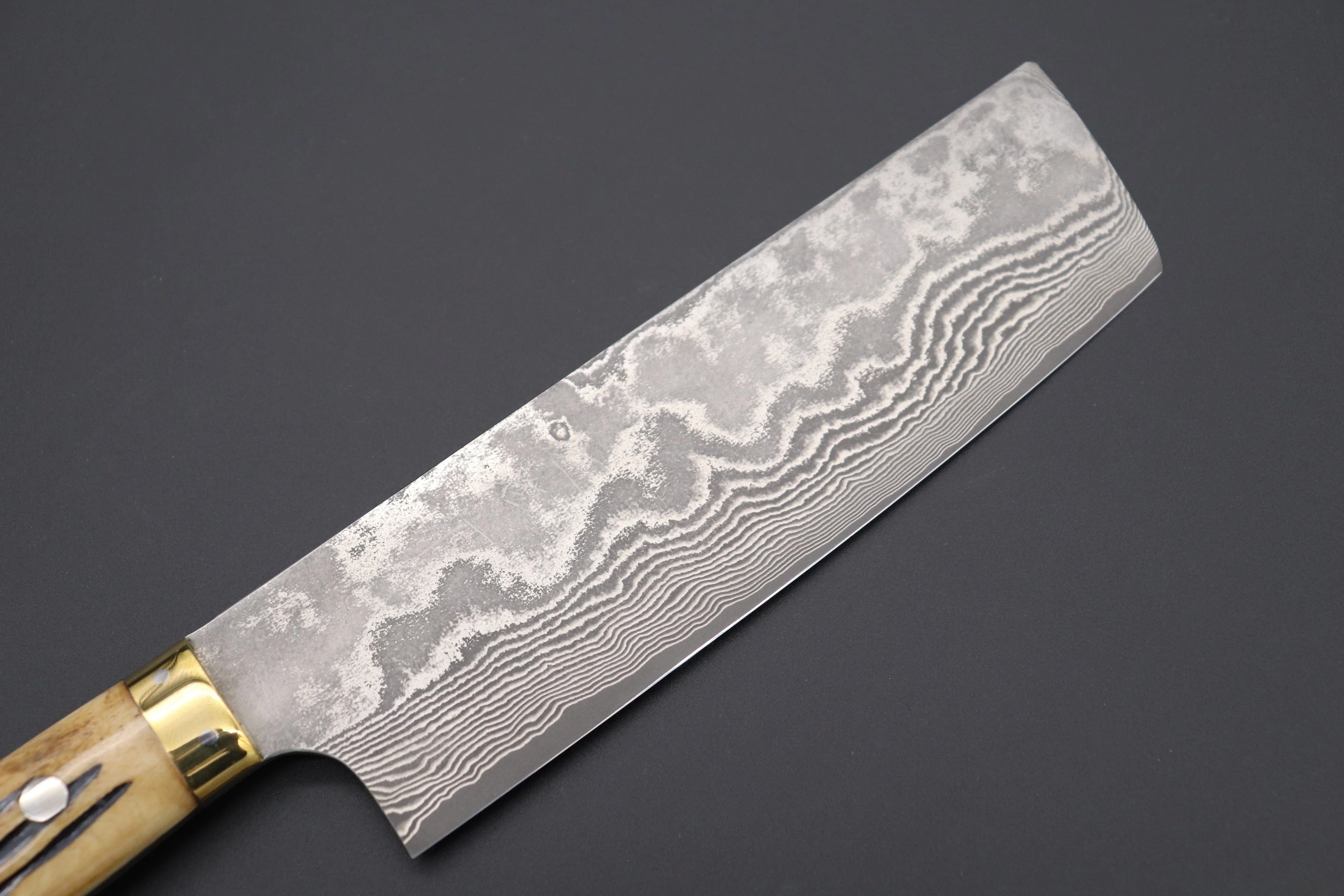 Takeshi Saji VG-10 Custom Damascus Wild Series Nakiri 165mm (6.4 inch, Stag Bone Handle) - Image 2