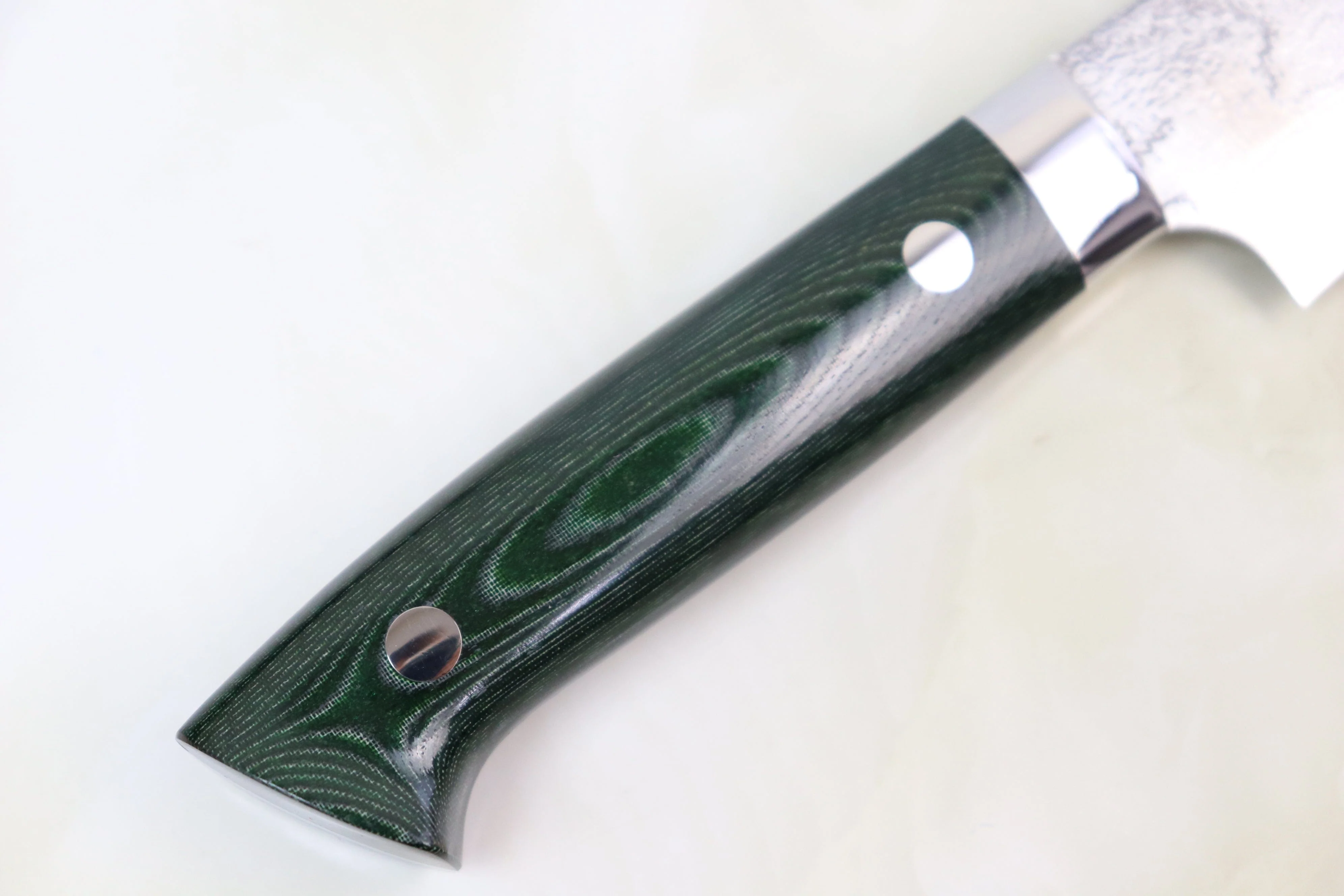 Takeshi Saji VG-10 Custom Damascus Wild Series Petty (135mm & 150mm, 2 Sizes, Green Linen Micarta Handle) - Image 4