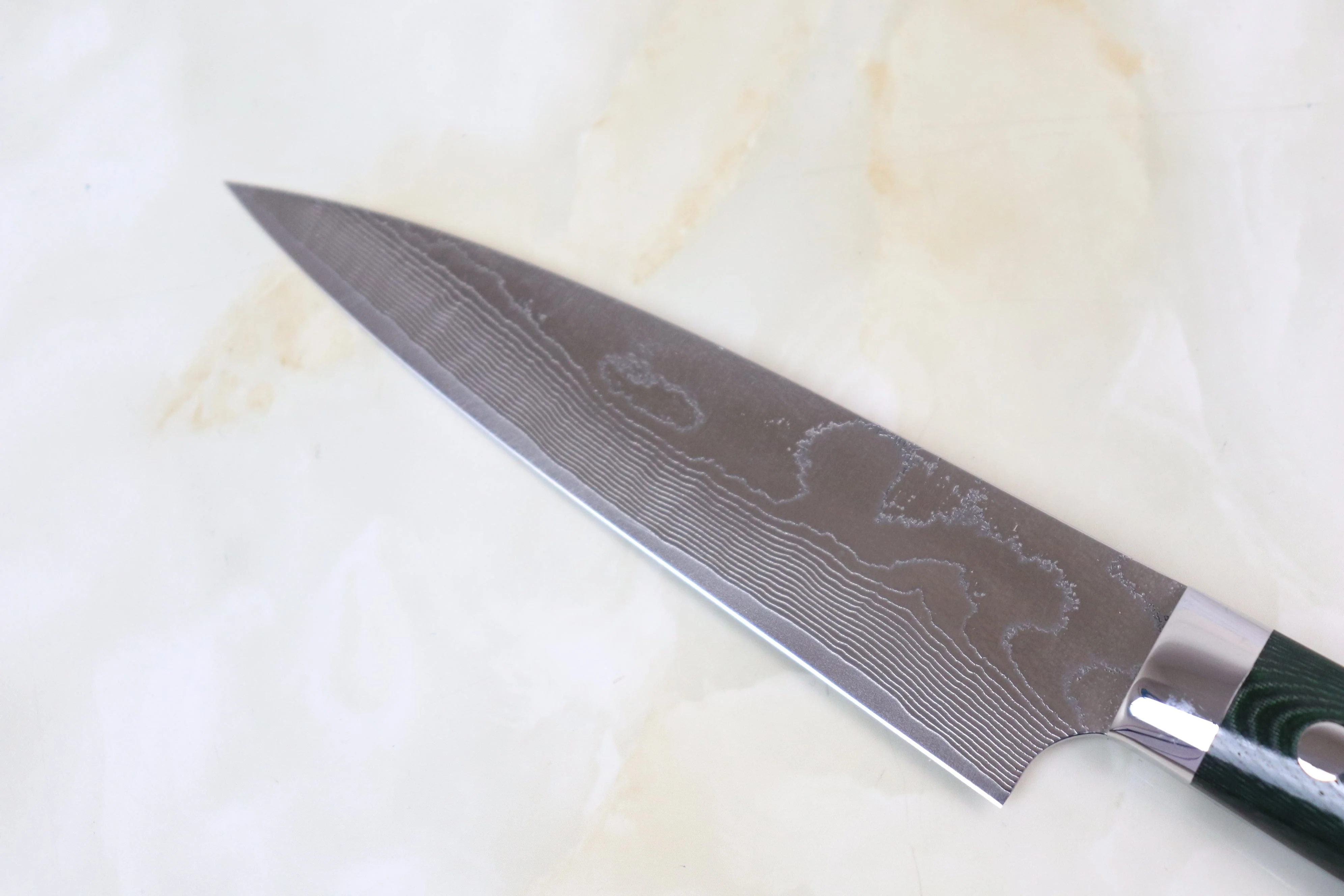 Takeshi Saji VG-10 Custom Damascus Wild Series Petty (135mm & 150mm, 2 Sizes, Green Linen Micarta Handle) - Image 6