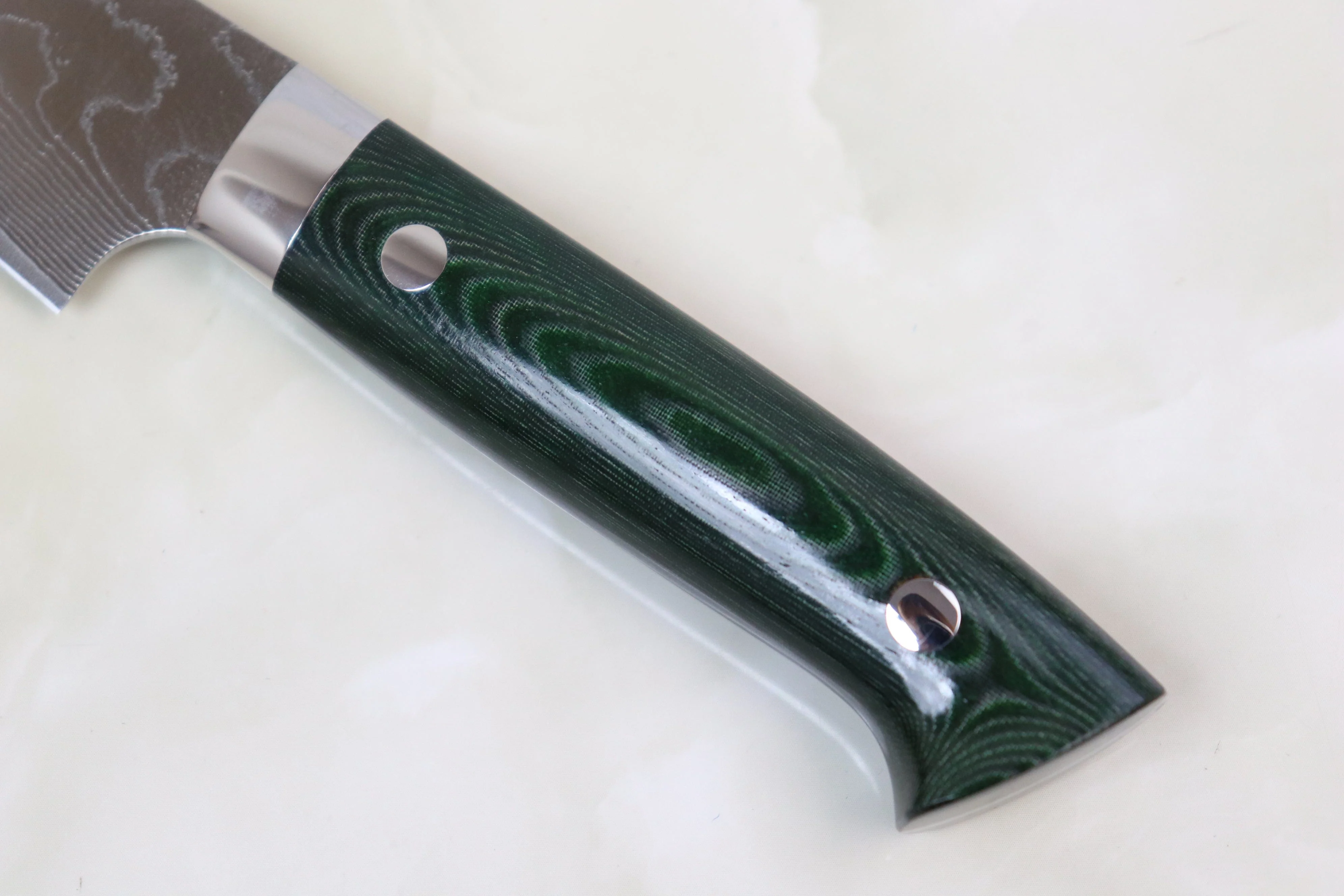 Takeshi Saji VG-10 Custom Damascus Wild Series Petty (135mm & 150mm, 2 Sizes, Green Linen Micarta Handle) - Image 8