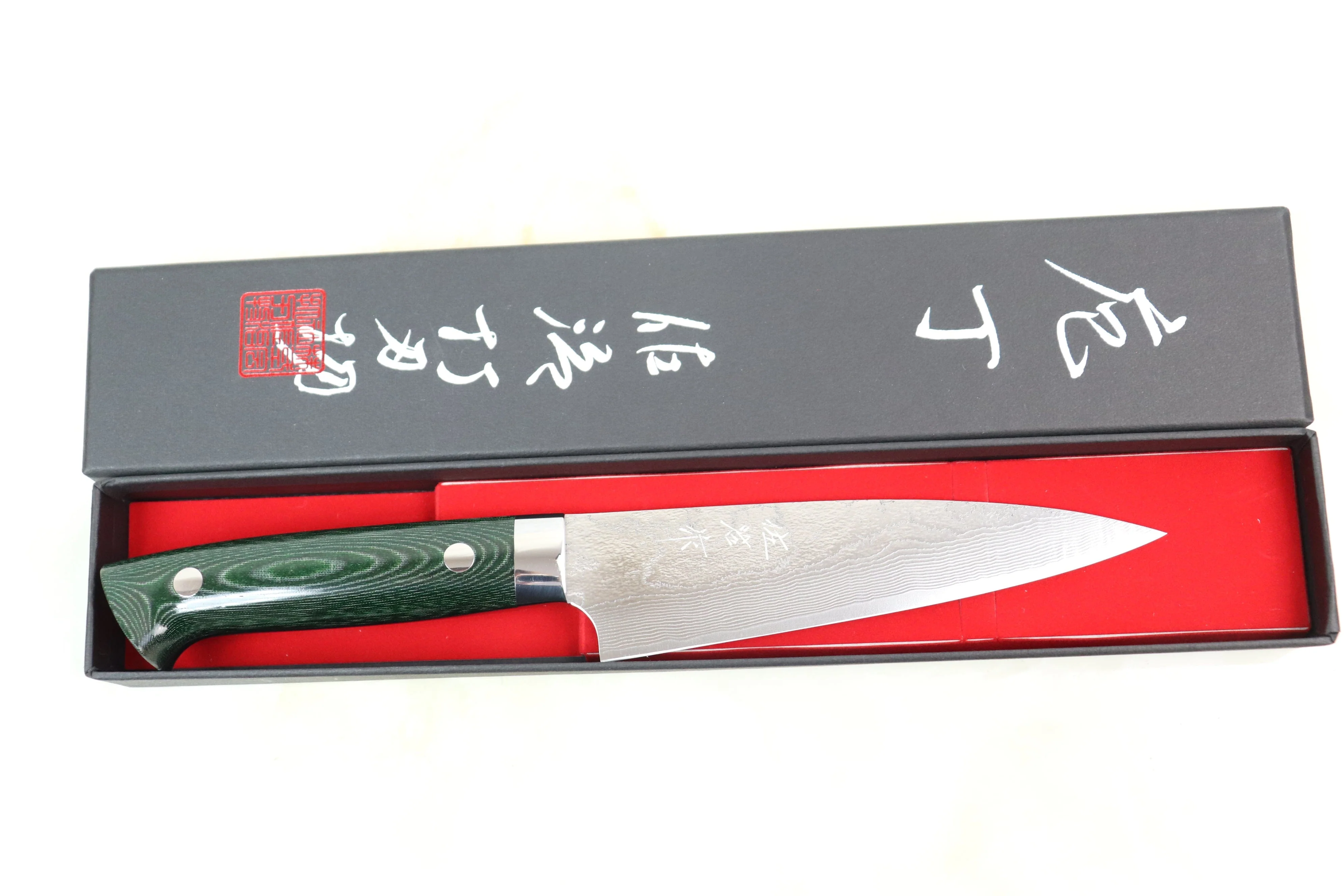 Takeshi Saji VG-10 Custom Damascus Wild Series Petty (135mm & 150mm, 2 Sizes, Green Linen Micarta Handle) - Image 9