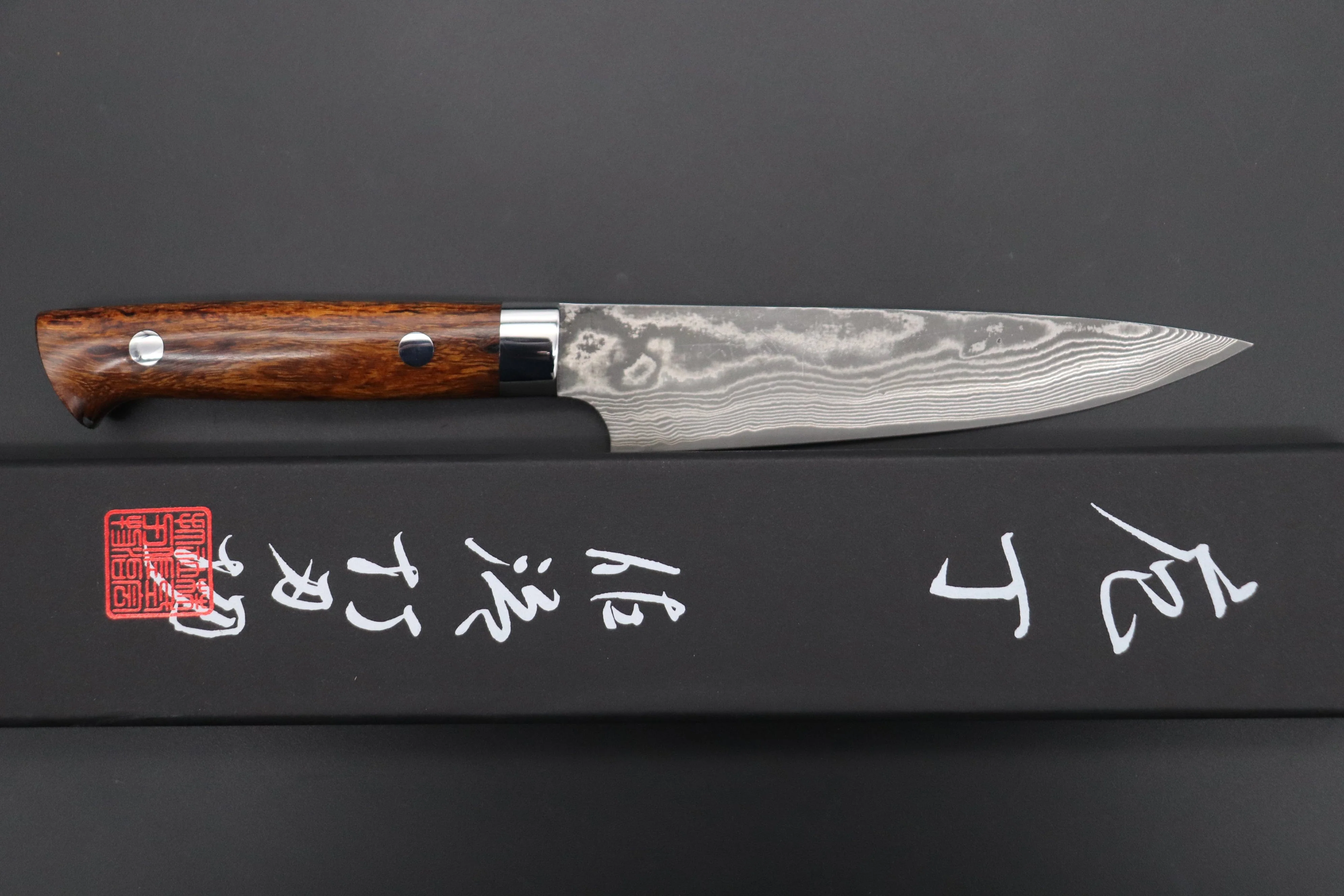 Takeshi Saji VG-10 Custom Damascus Wild Series Petty (135mm and 150mm, Desert Ironwood Handle) - Image 8