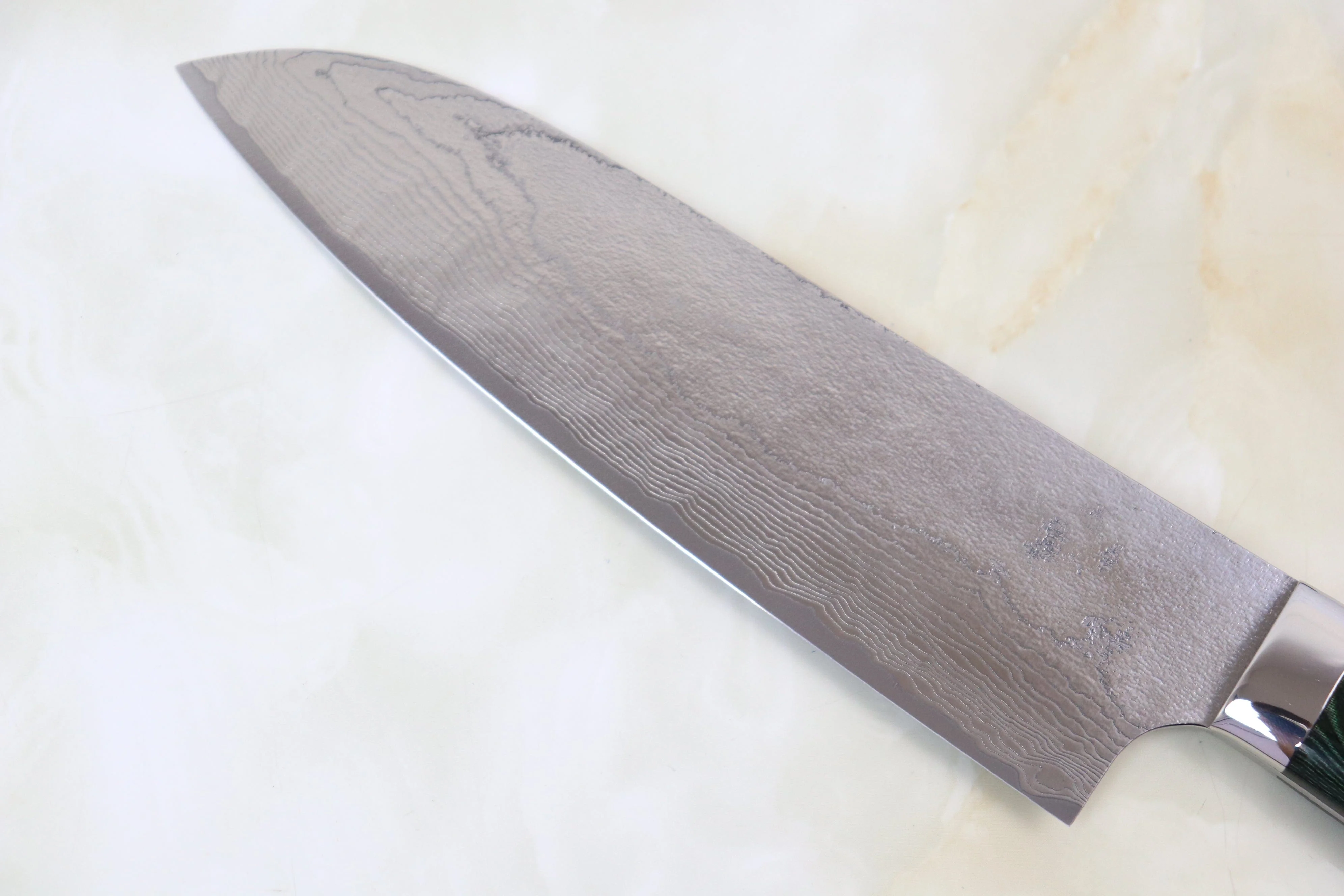 Takeshi Saji VG-10 Custom Damascus Wild Series Santoku 180mm (7 inch, Green Linen Micarta Handle) - Image 5