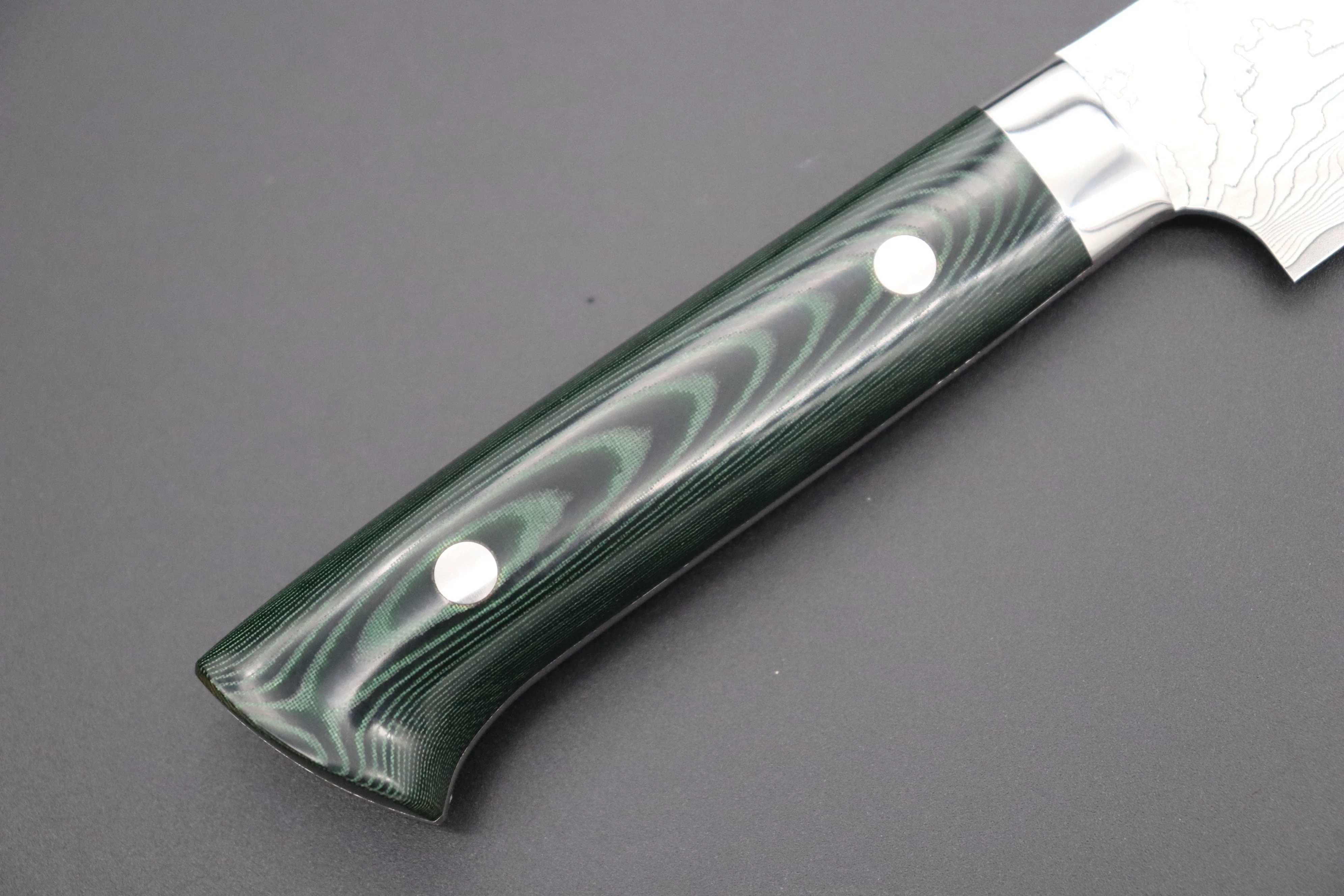 Takeshi Saji VG-10 Custom Damascus Wild Series Sujihiki  (240mm and 270mm, 2 sizes, Green Linen Micarta Handle) - Image 3