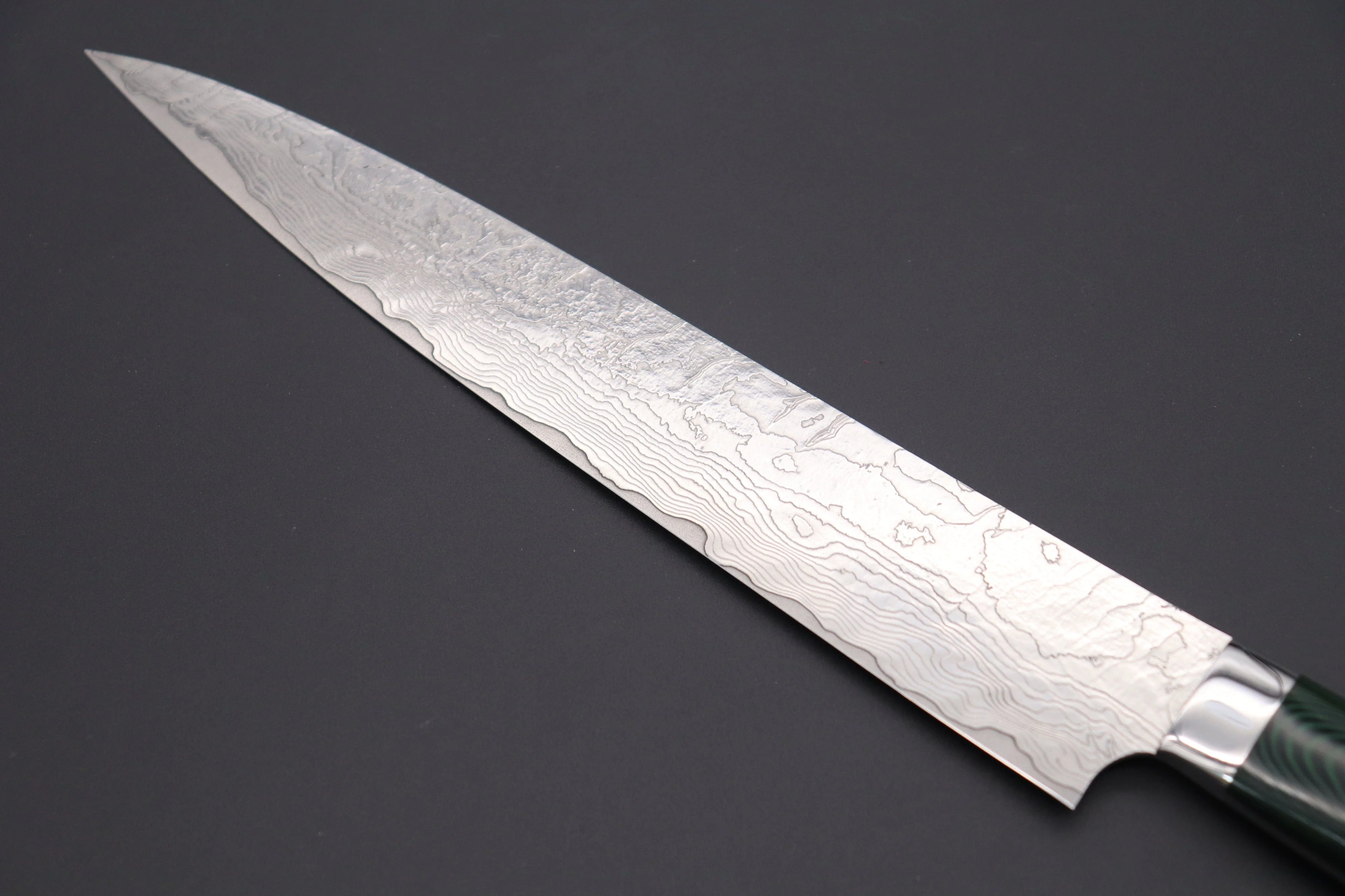 Takeshi Saji VG-10 Custom Damascus Wild Series Sujihiki  (240mm and 270mm, 2 sizes, Green Linen Micarta Handle) - Image 6