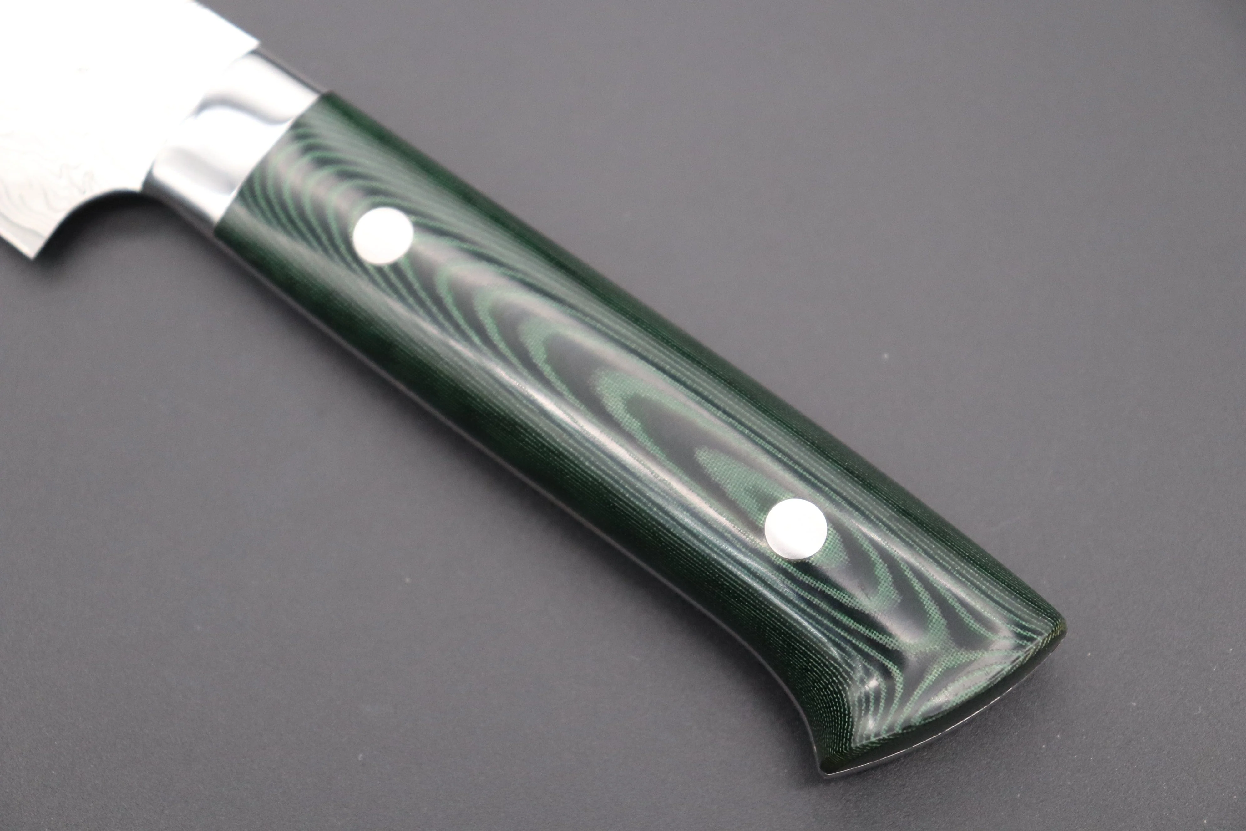 Takeshi Saji VG-10 Custom Damascus Wild Series Sujihiki  (240mm and 270mm, 2 sizes, Green Linen Micarta Handle) - Image 7