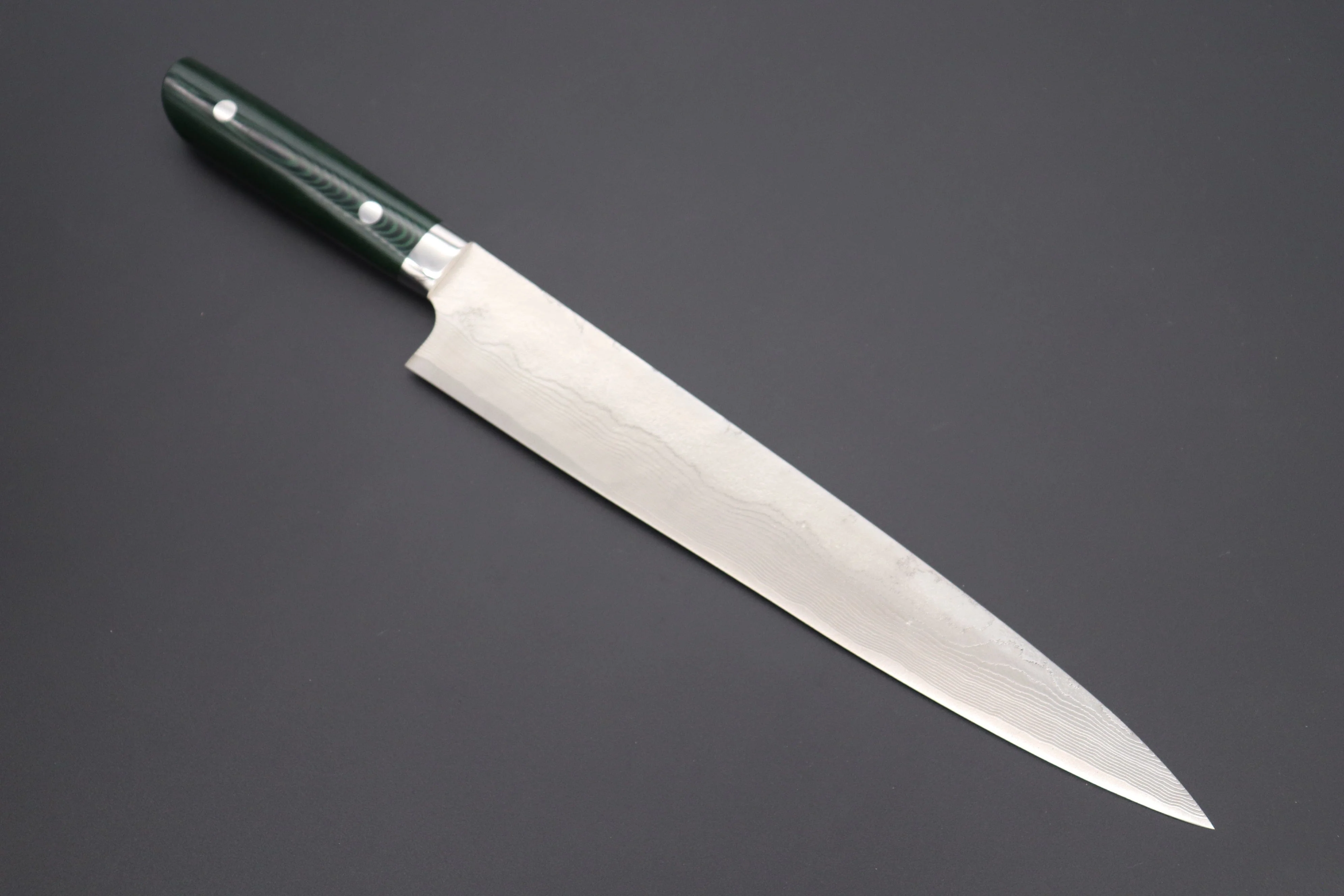 Takeshi Saji VG-10 Custom Damascus Wild Series Sujihiki  (240mm and 270mm, 2 sizes, Green Linen Micarta Handle) - Image 9