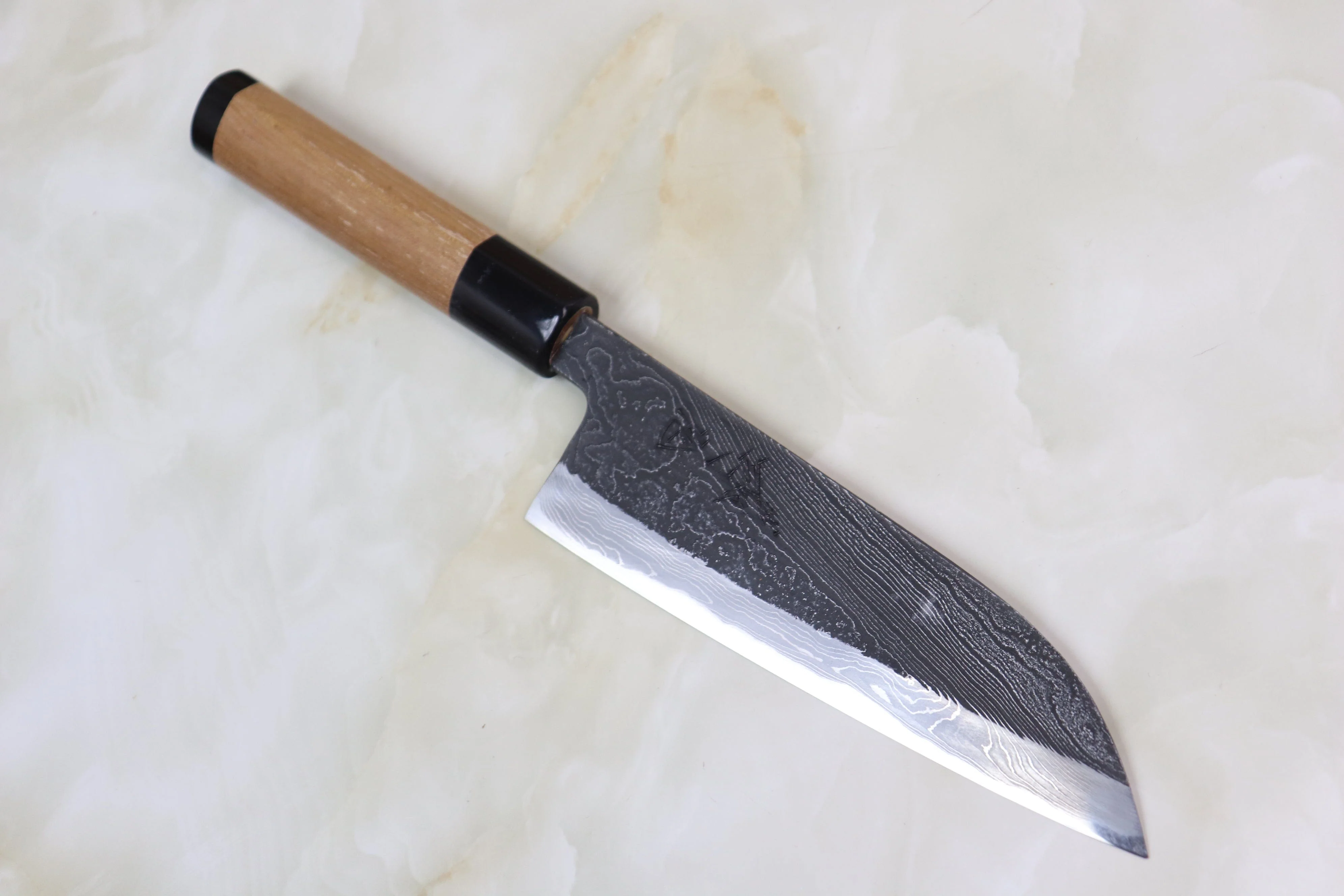 Tsukasa Hinoura Custom Knife TH-14 "Unryu-Mon" Wa Santoku 165mm (6.4 inch, Enjyu Wood Handle with Water Buffalo Horn Ferrule & Butt)
