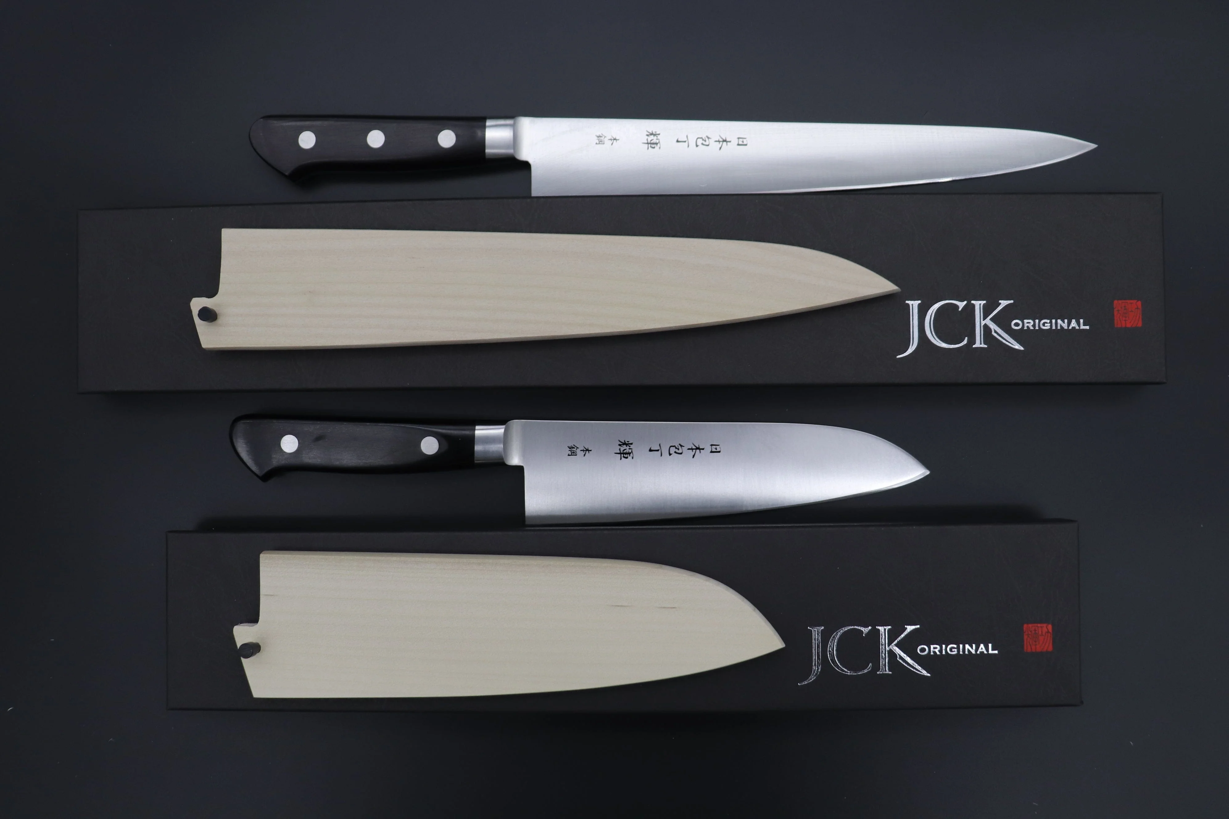 "Very Carbon Steel Lover 2Pcs Knife Set Part 2" JCK Original Kagayaki CarboNext Series KC-3ES Santoku 180mm & KC-8ES Sujihiki 240mm (Each knife comes with Wooden Saya. with Tsubaki Oil) - Image 4